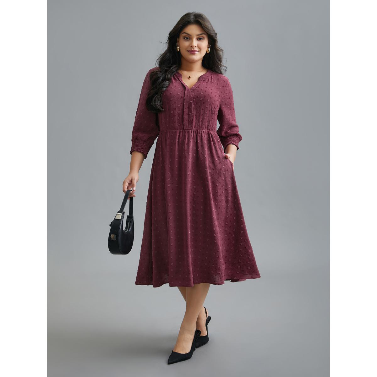 Plus Size Notched Collar Textured Smocked Cuffs Dress Plum Women At the Office Tucked seam Notched collar Elbow-length sleeve Curvy BloomChic 26/4X Product Image