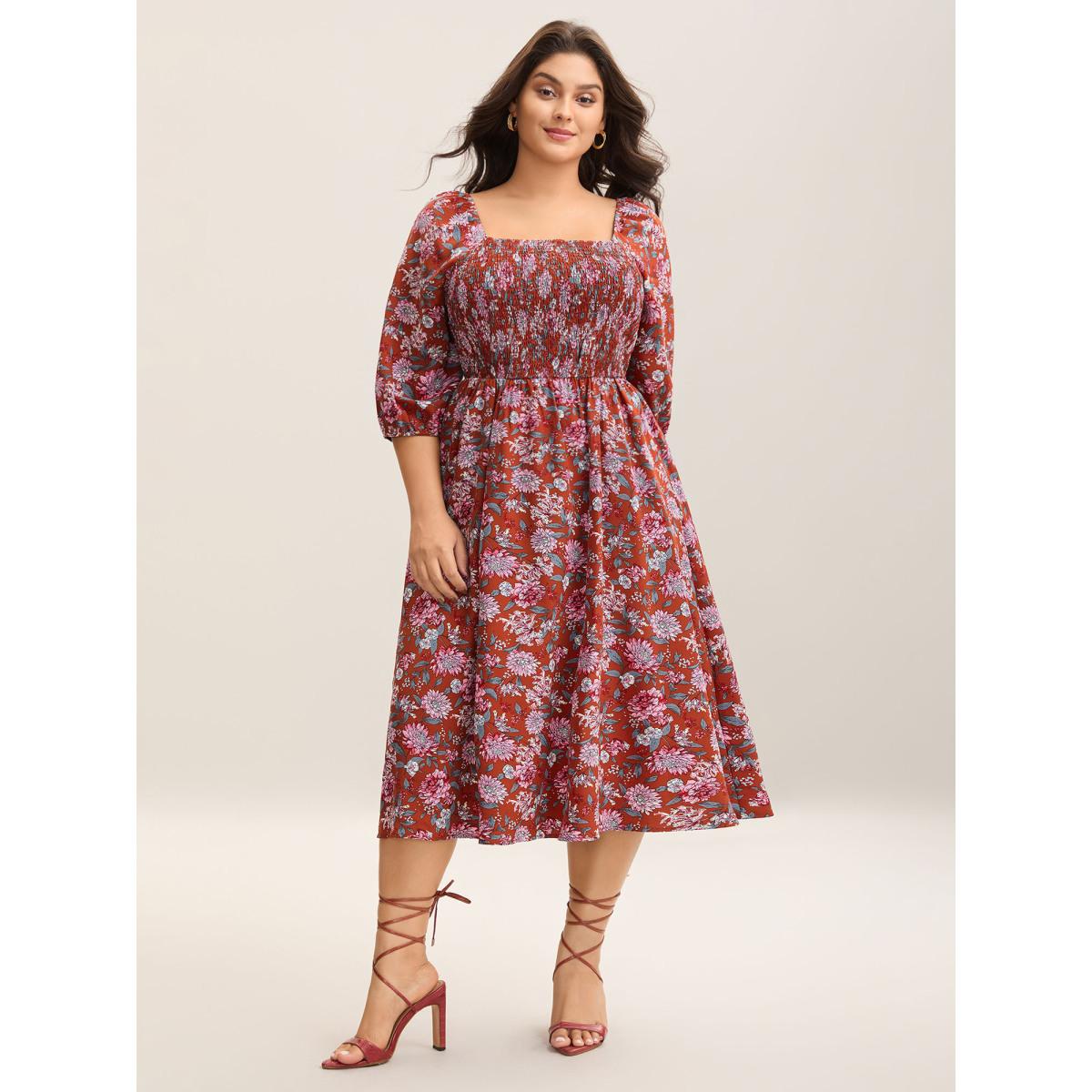 Plus Size Flirty Floral Print Shirred Pockets Midi Dress Scarlet Women Elegant Square Neck Elbow-length sleeve Curvy BloomChic 18-20/2X Product Image