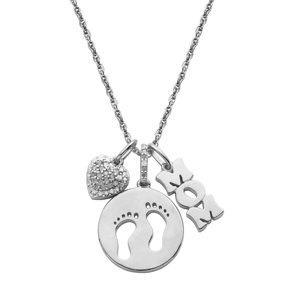 1/6 Carat T.W. Diamond "Mom," Footprints & Heart Pendant Necklace, Women's, Size: 18", Sterling Silver Product Image