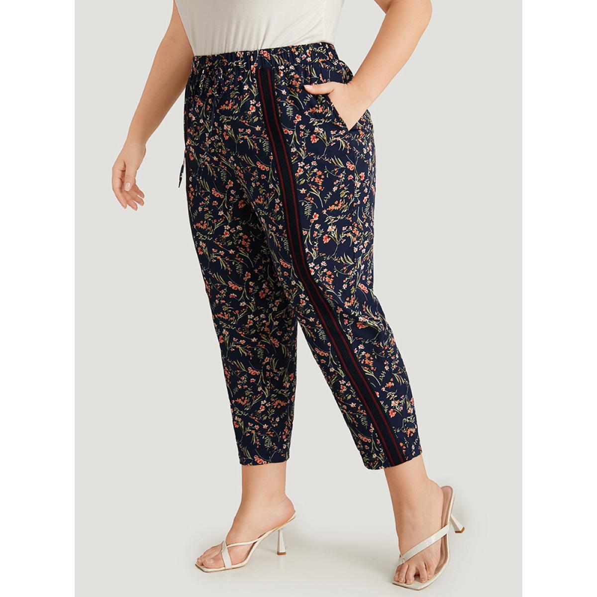 Plus Size Ditsy Floral Pocket Elastic Waist Ties Patchwork Pants Women Indigo Elegant High Rise Dailywear Pants BloomChic 30/6X Product Image