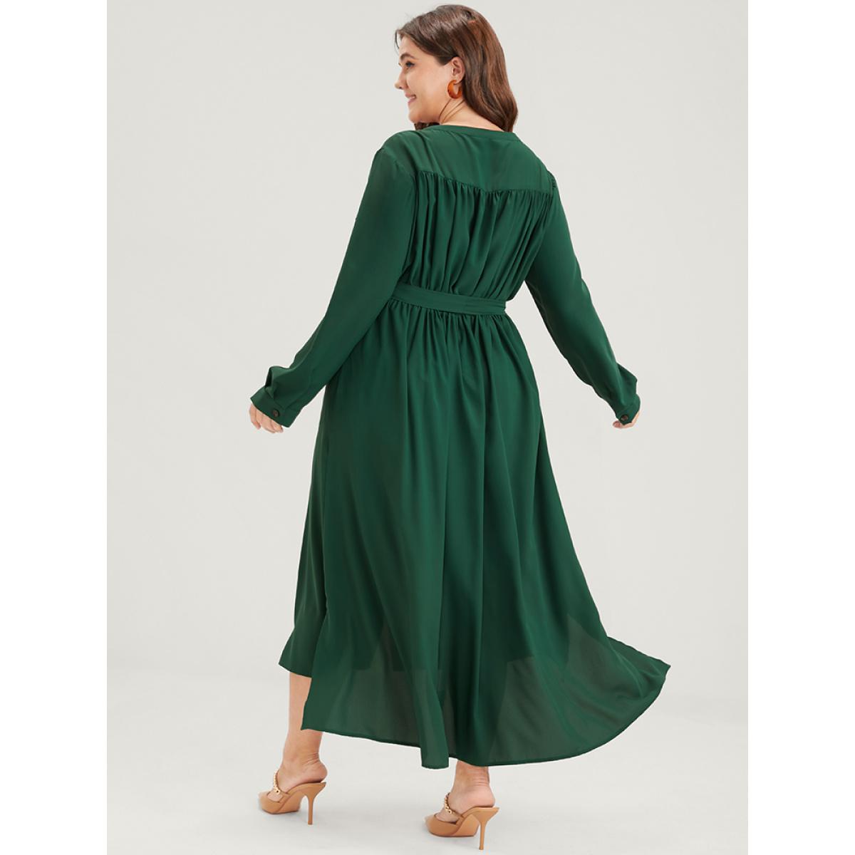 Plus Size Solid V Neck Pocket Button Asymmetrical Flutter Hem Belted Dress DarkGreen Women Office Plain V-neck Long Sleeve Curvy Long Dress BloomChic 22-24/3X Product Image