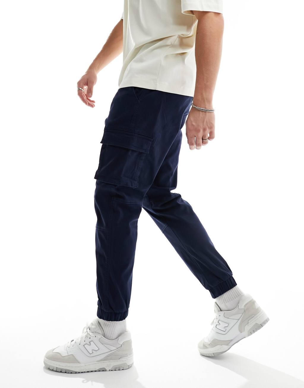 ONLY & SONS tapered fit cargo pants with cuffed bottoms in navy Product Image
