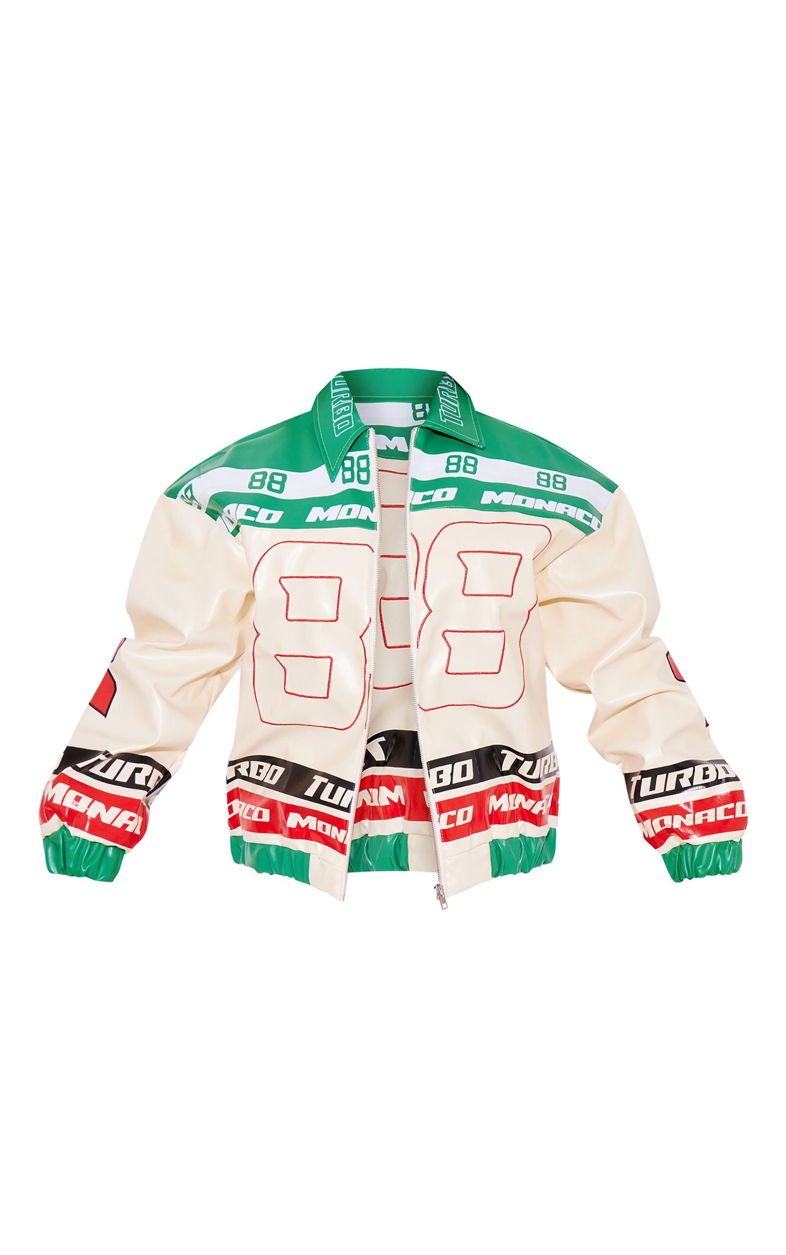 Cream Faux Leather Racer Graphics Oversized Bomber Jacket Product Image