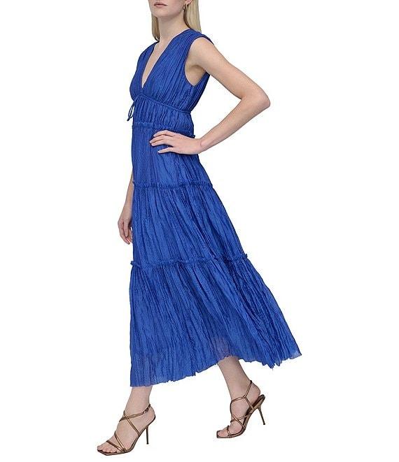 DKNY by Donna Karan Organza V Neck Sleeveless Front Tie Sheath Maxi Dress Product Image