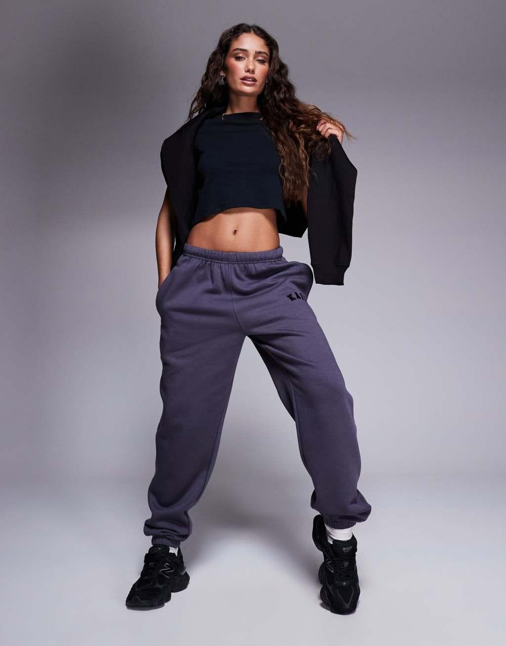 Kaiia Petite embroidered logo cuffed sweatpants in dark gray Product Image