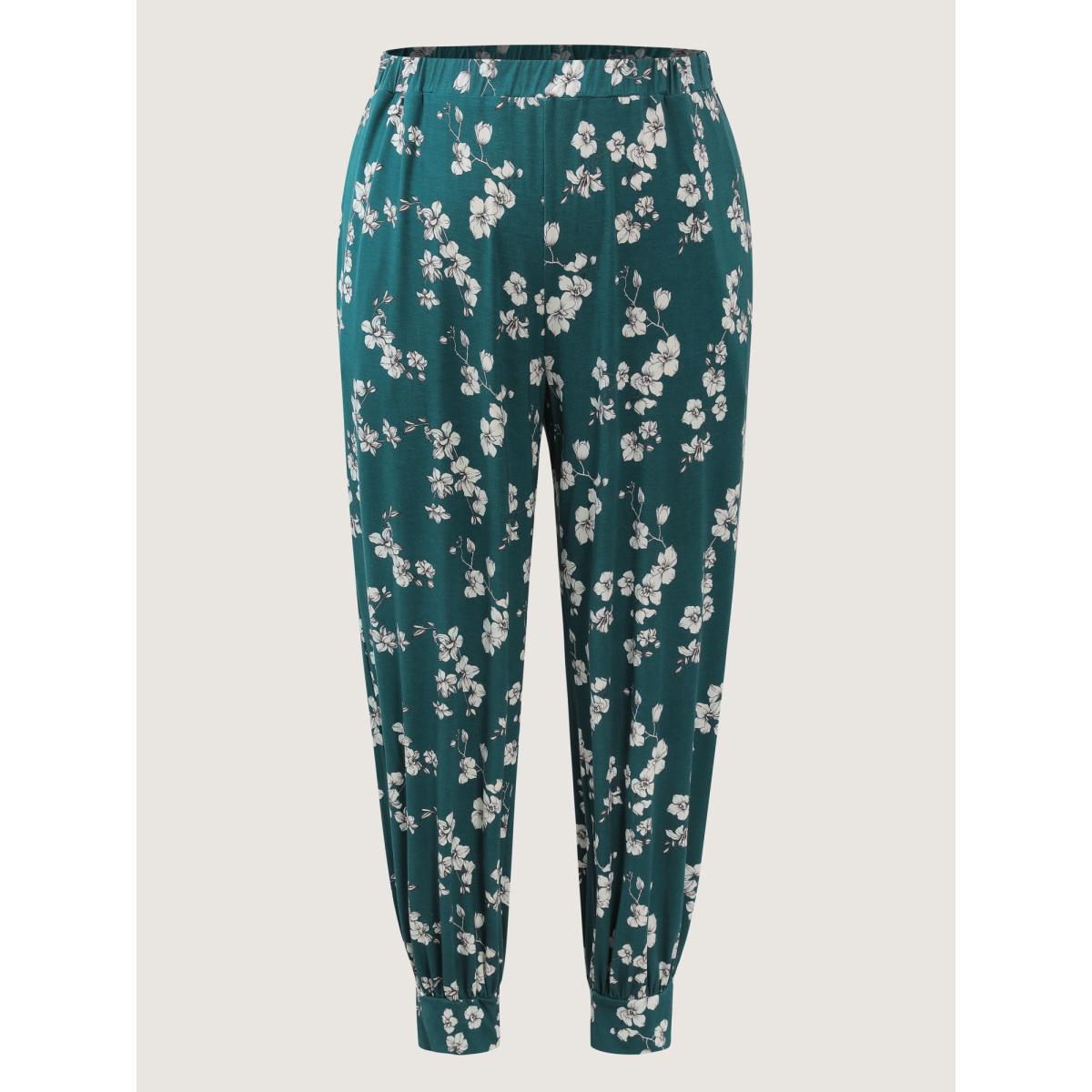 Plus Size Monochrome Floral Print Loungewear Set Women Teal Leisure Round Neck Side seam pocket Loungewear BloomChic 14-16/1X Product Image