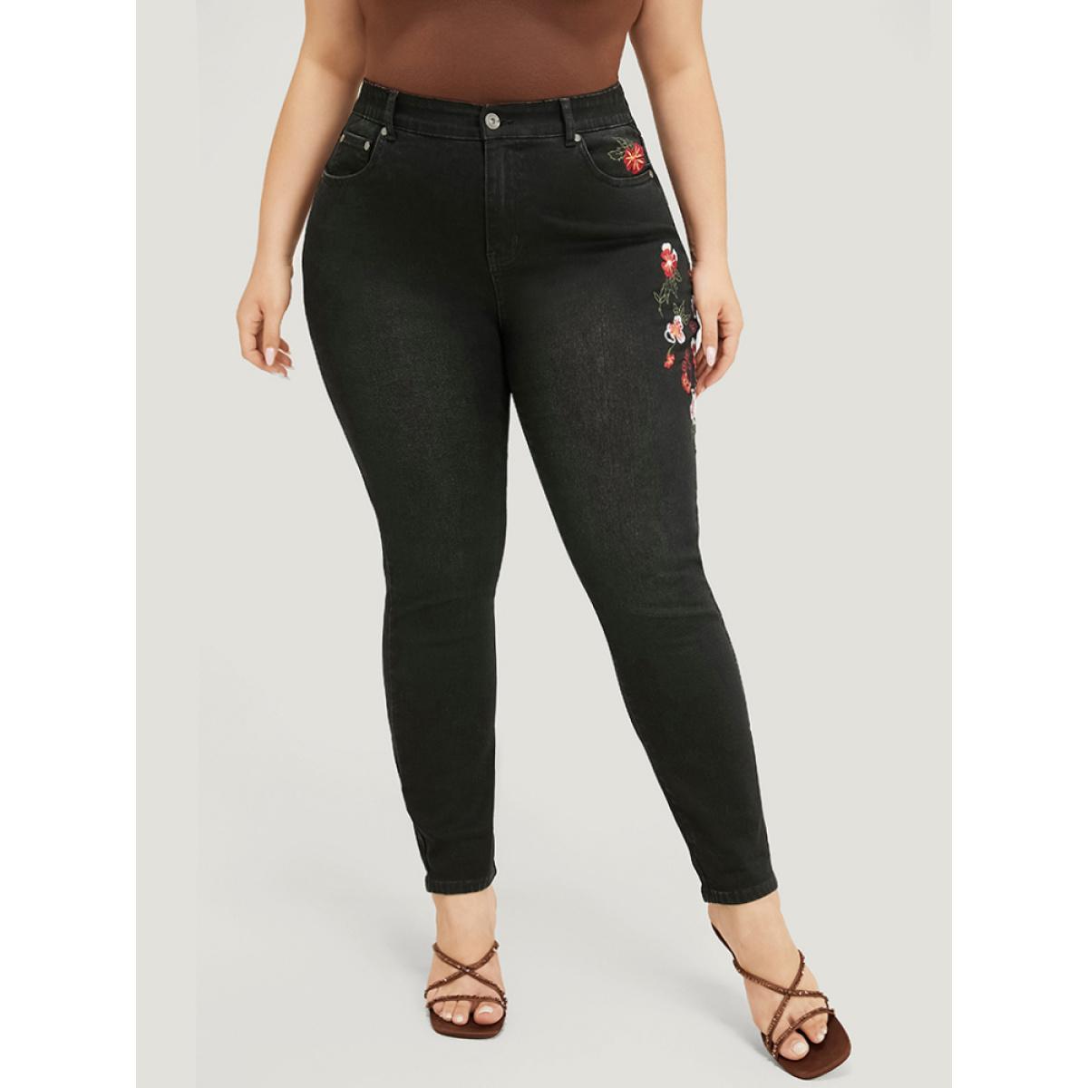 Plus Size Very Stretchy High Rise Black Wash Floral Embroidered Jeans Women Black Casual Plain Embroidered High stretch Pocket Jeans BloomChic 18/2X Product Image