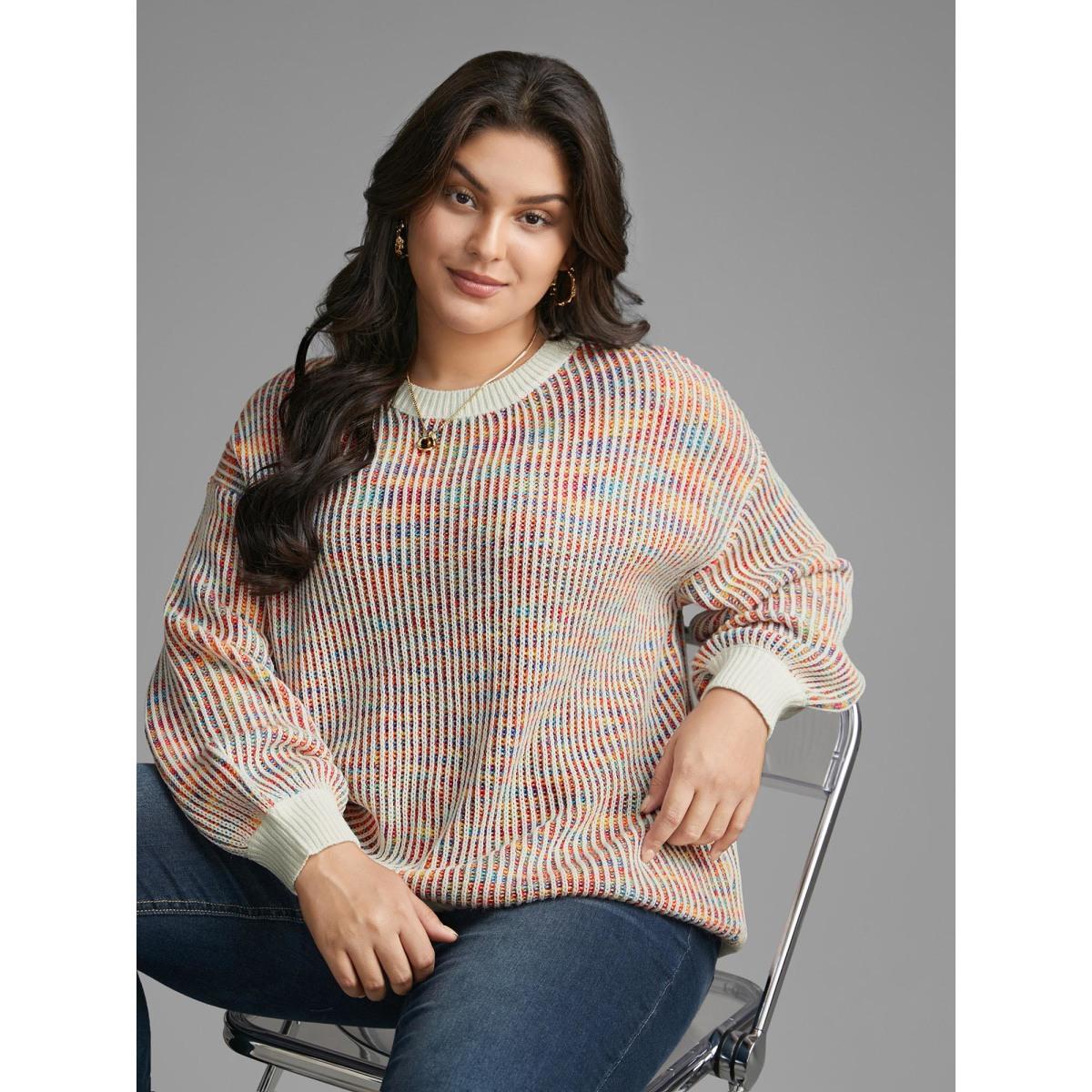 Plus Size Round Neck Texture Contrast Heather Pullover Beige Women Casual Loose Long Sleeve Round Neck Everyday Pullovers BloomChic 28/5X Product Image