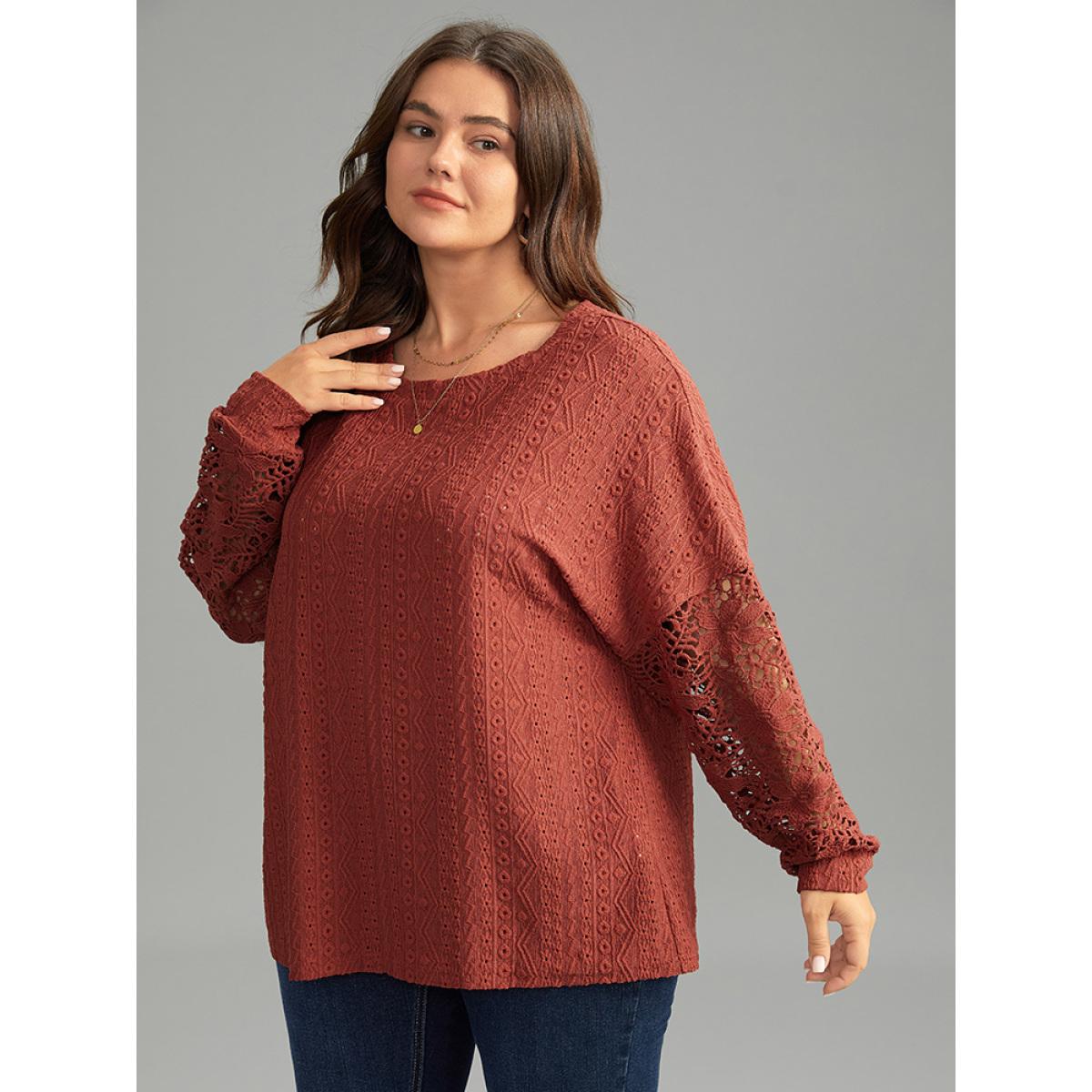 Plus Size Solid Plisse Guipure Lace T-shirt Rust Women Elegant Elastic cuffs Plain Round Neck Dailywear T-shirts BloomChic 18-20/2X Product Image