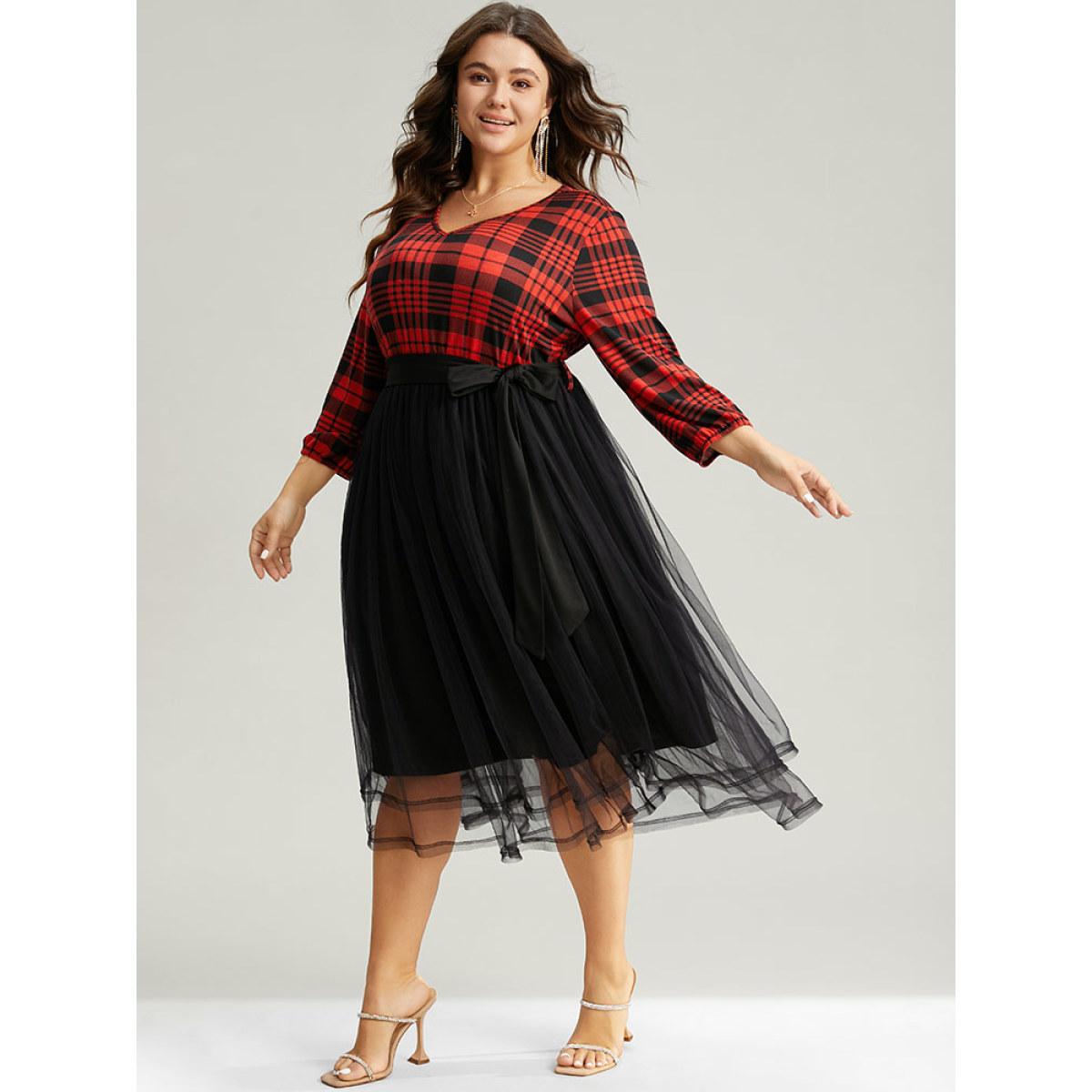 Plus Size Plaid Mesh Patchwork Elastic Waist Belted Dress Raspberry Women Glamour Elastic cuffs V-neck Long Sleeve Curvy Midi Dress BloomChic 12/L Product Image