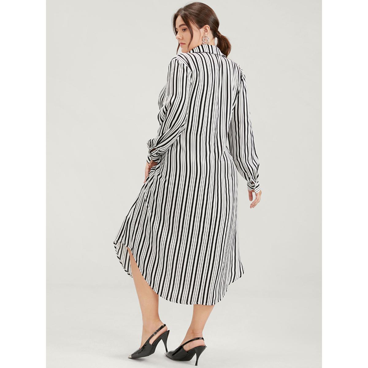 Plus Size Striped Button Pocket Kontted Shirt Collar Arc Hem Dress Black Women Office Arc Hem Shirt collar Long Sleeve Curvy Midi Dress BloomChic 22-24/3X Product Image