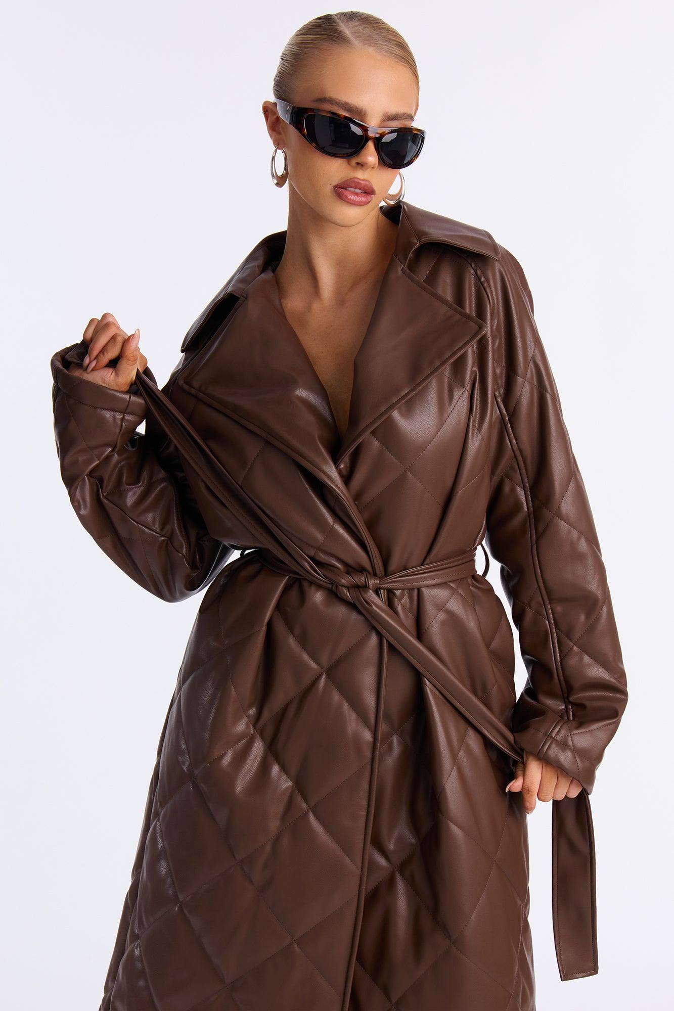 Fabiola Quilted Faux Leather Trench Coat - Brown Female Product Image