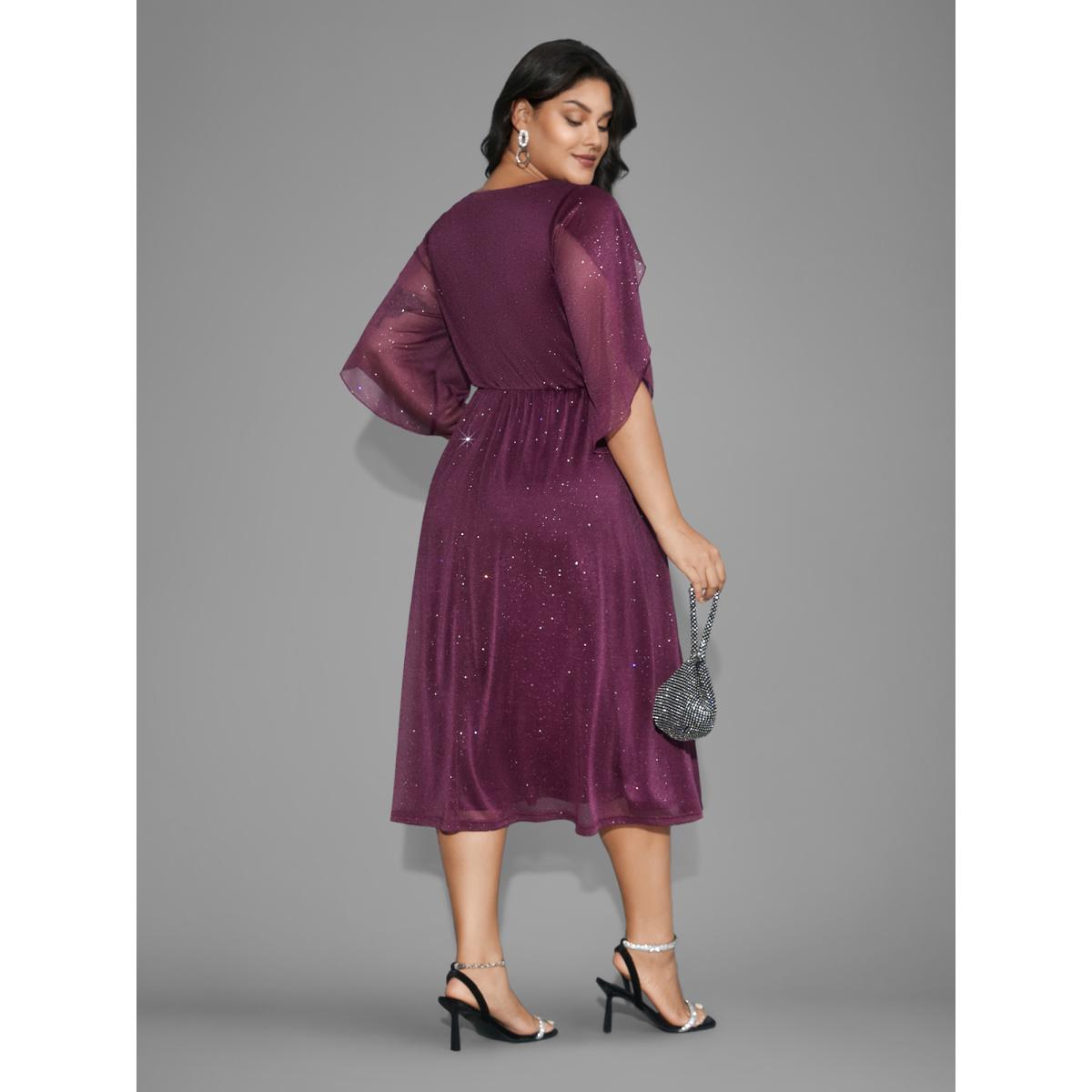 Plus Size Glitter Mesh Petal Sleeve Midi Dress Deeppurplered Women Party&Cocktail Texture Party Curvy Bloomchic 28/5X Product Image