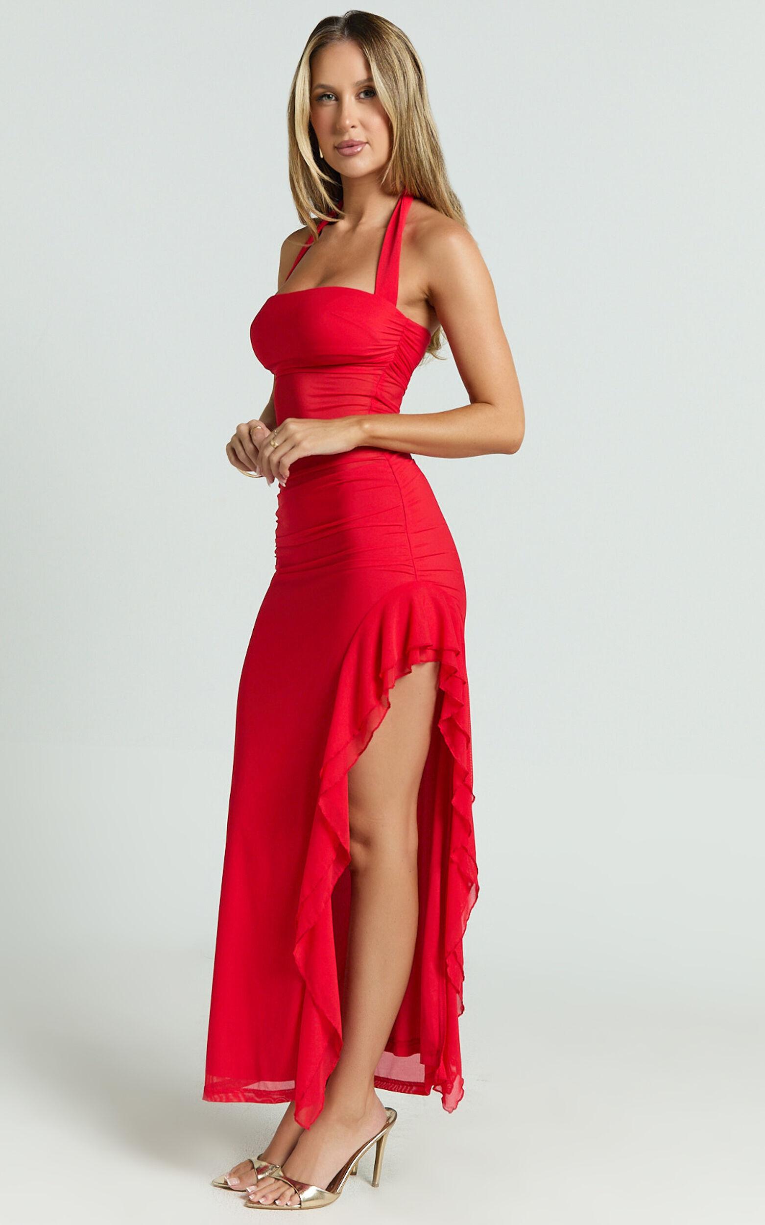 Almarie Midi Dress - Halter Neck Mesh Dress in Red Product Image