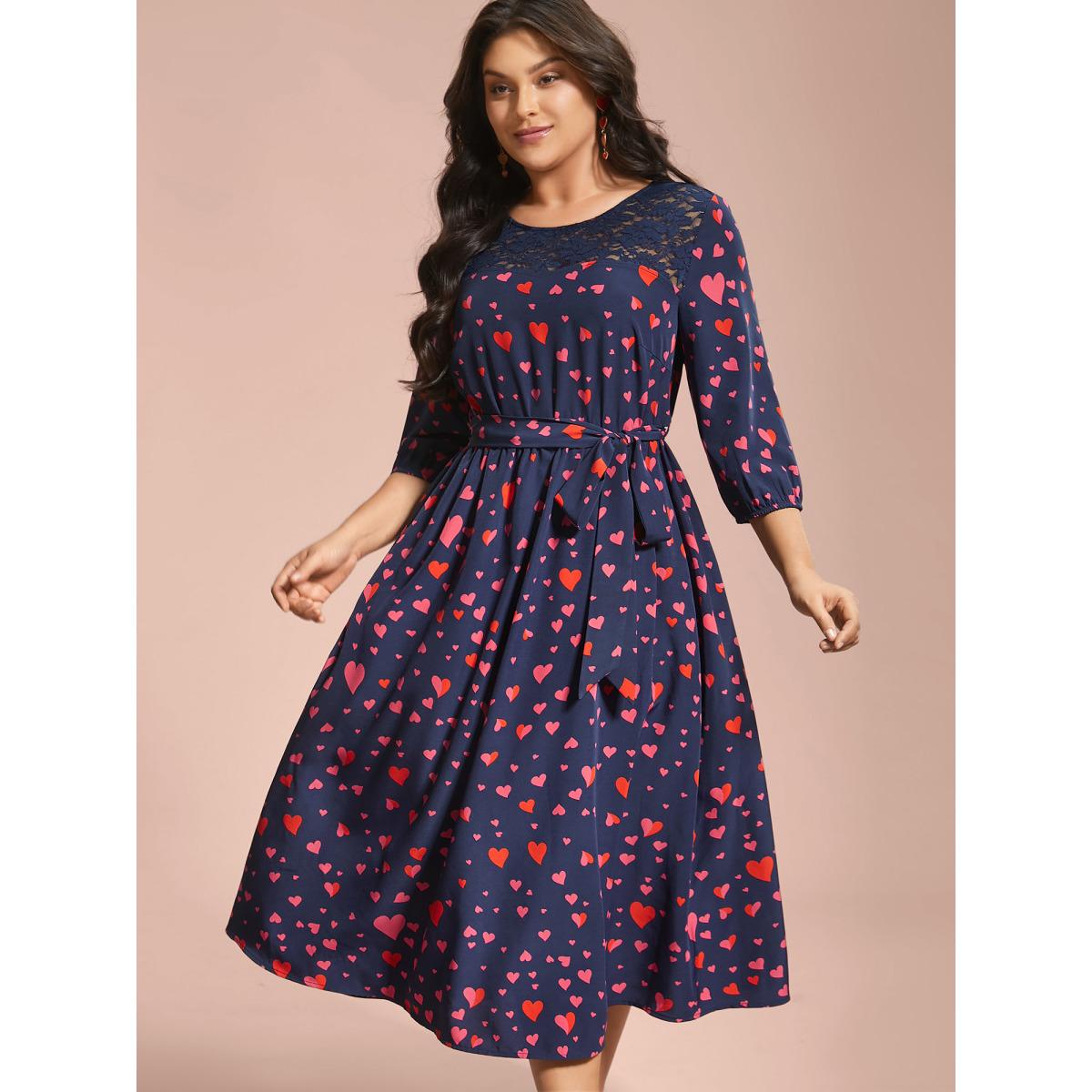 Plus Size Lace Insert Heart Print Waist-Tie Dress DarkBlue Women Elegant Woven ribbon&lace trim Round Neck Elbow-length sleeve Curvy BloomChic 10/M Product Image