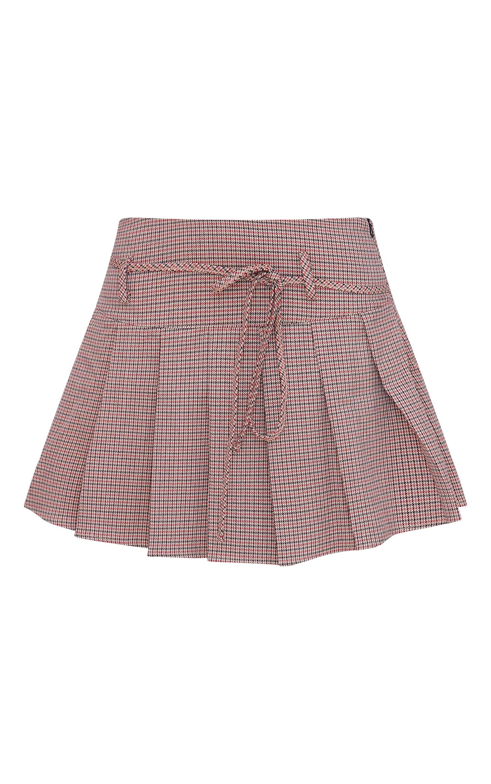 Burgundy Gingham Print Pleated Tie Detail Mini Skirt Product Image