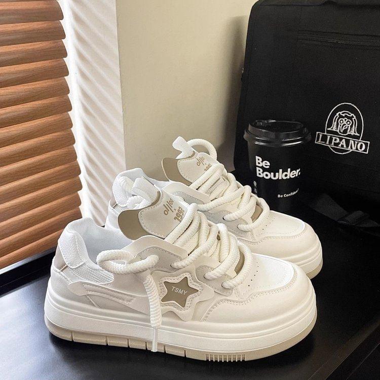 Platform Two Tone Star Applique Lace-Up Faux Leather Sneakers Product Image