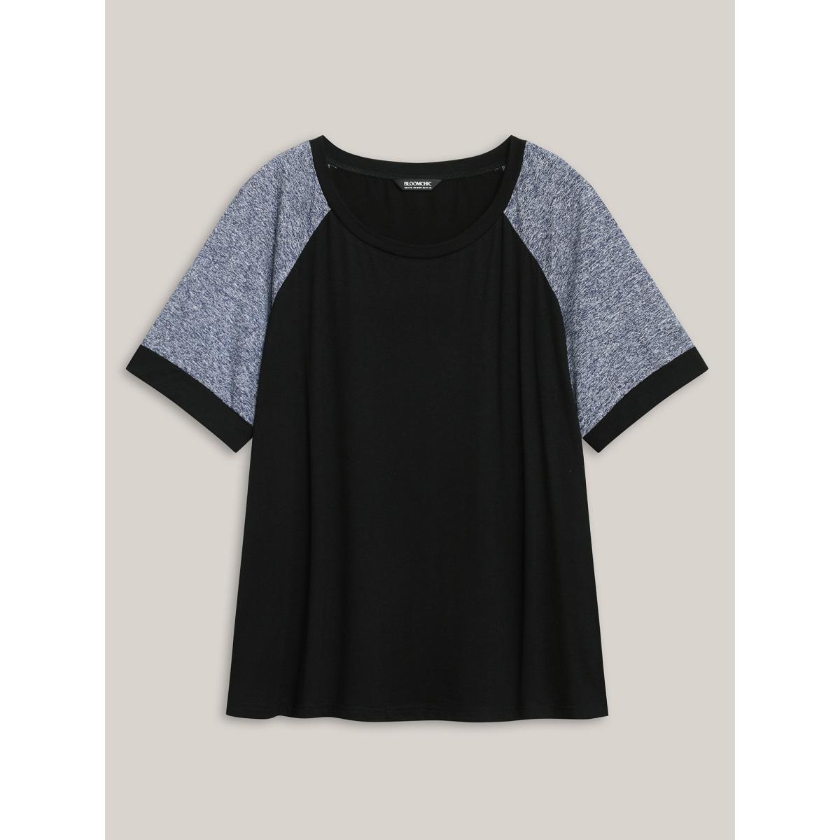 Plus Size Color Contrast Raglan Sleeve T-Shirt Black Women Leisure Contrast Round Neck Casual T-shirts BloomChic 18-20/2X Product Image