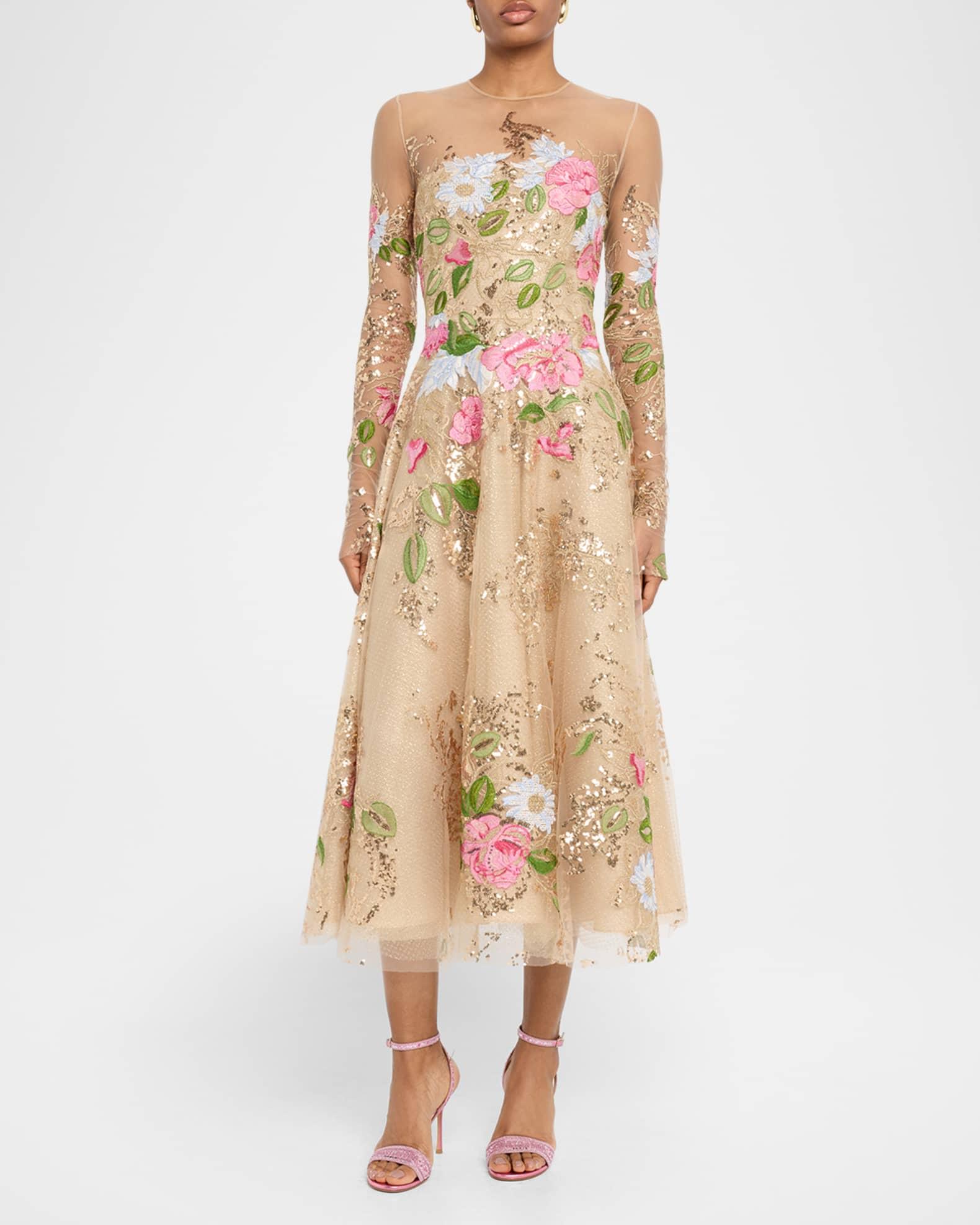 Floral Embroidered Long-Sleeve Tea-Length Dress Product Image