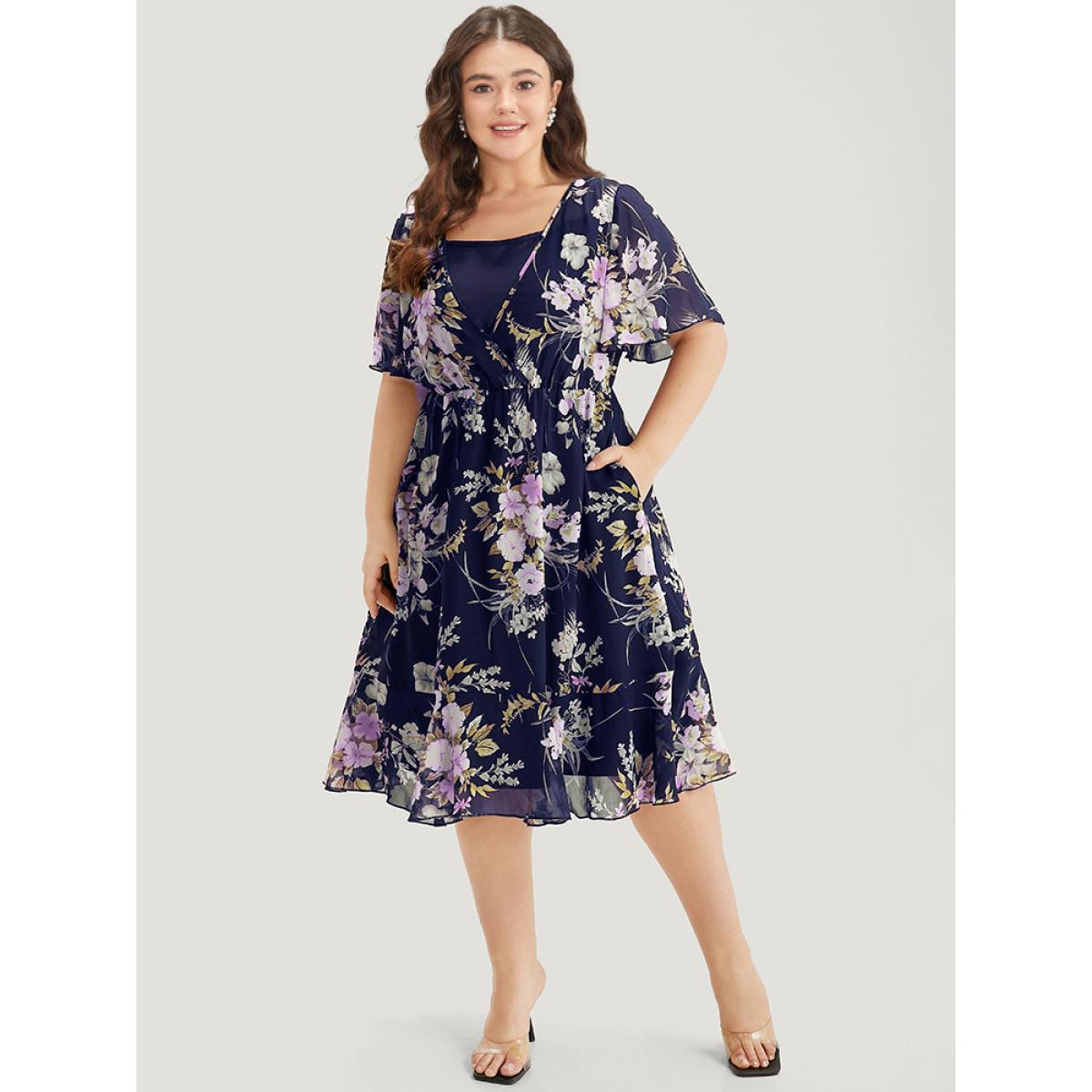 Plus Size Floral Print 2-In-1 Mesh Ruffle Sleeve Dress Indigo Women Elegant Printed V-neck Short sleeve Curvy Midi Dress BloomChic 14-16/1X Product Image
