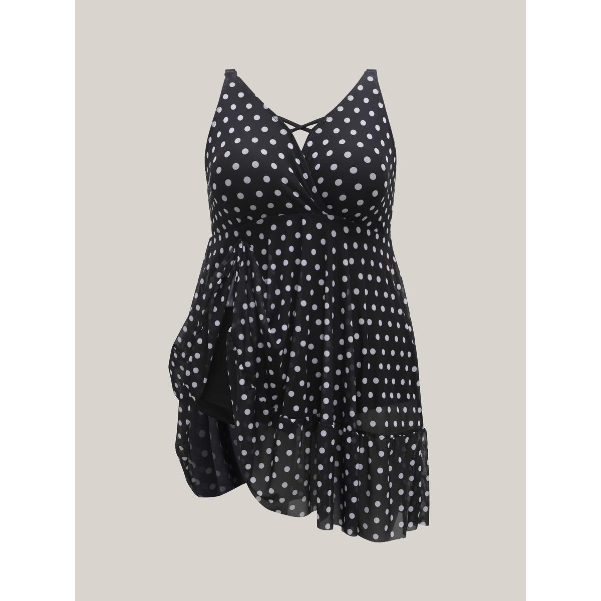 Plus Size Polka Dots Mesh Ruffled Swim Dress Women's Swimwear Black Beach Bodycon Overlap Collar High stretch Curve Swim Dresses BloomChic 12/L Product Image