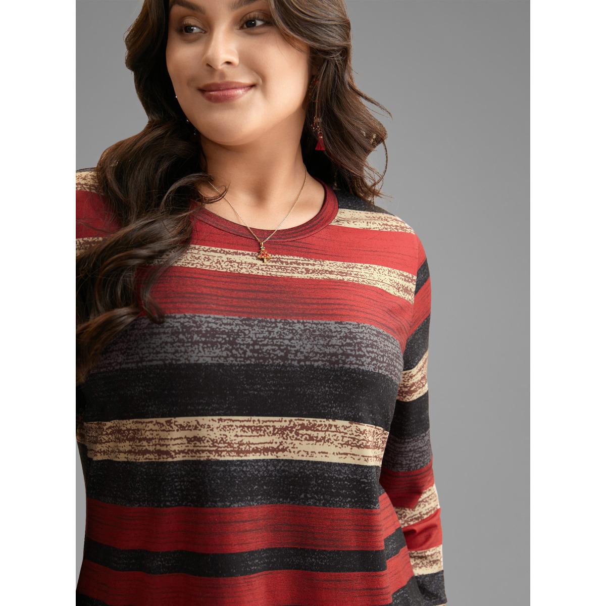 Plus Size Holiday Colorful Striped Tee Multicolor Women Casual Contrast Round Neck Everyday T-shirts BloomChic 28/5X Product Image