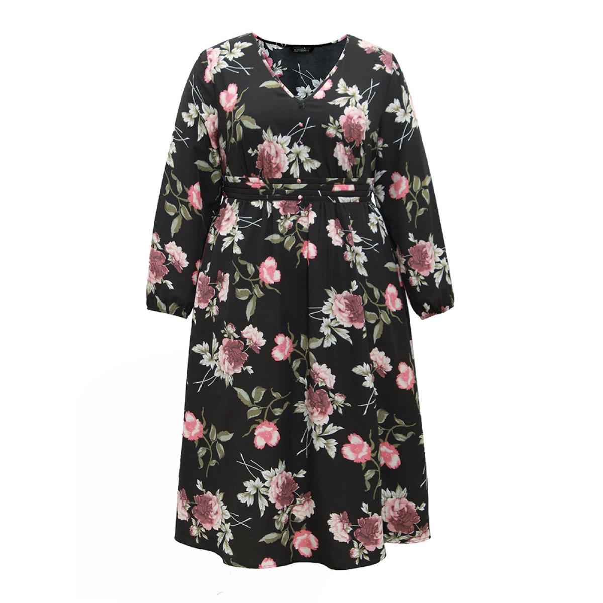 Plus Size Floral Print Pocket Button Detail Pleated Dress BlackFlower Women Elegant Elastic cuffs V-neck Long Sleeve Curvy Midi Dress BloomChic 18-20/2X Product Image