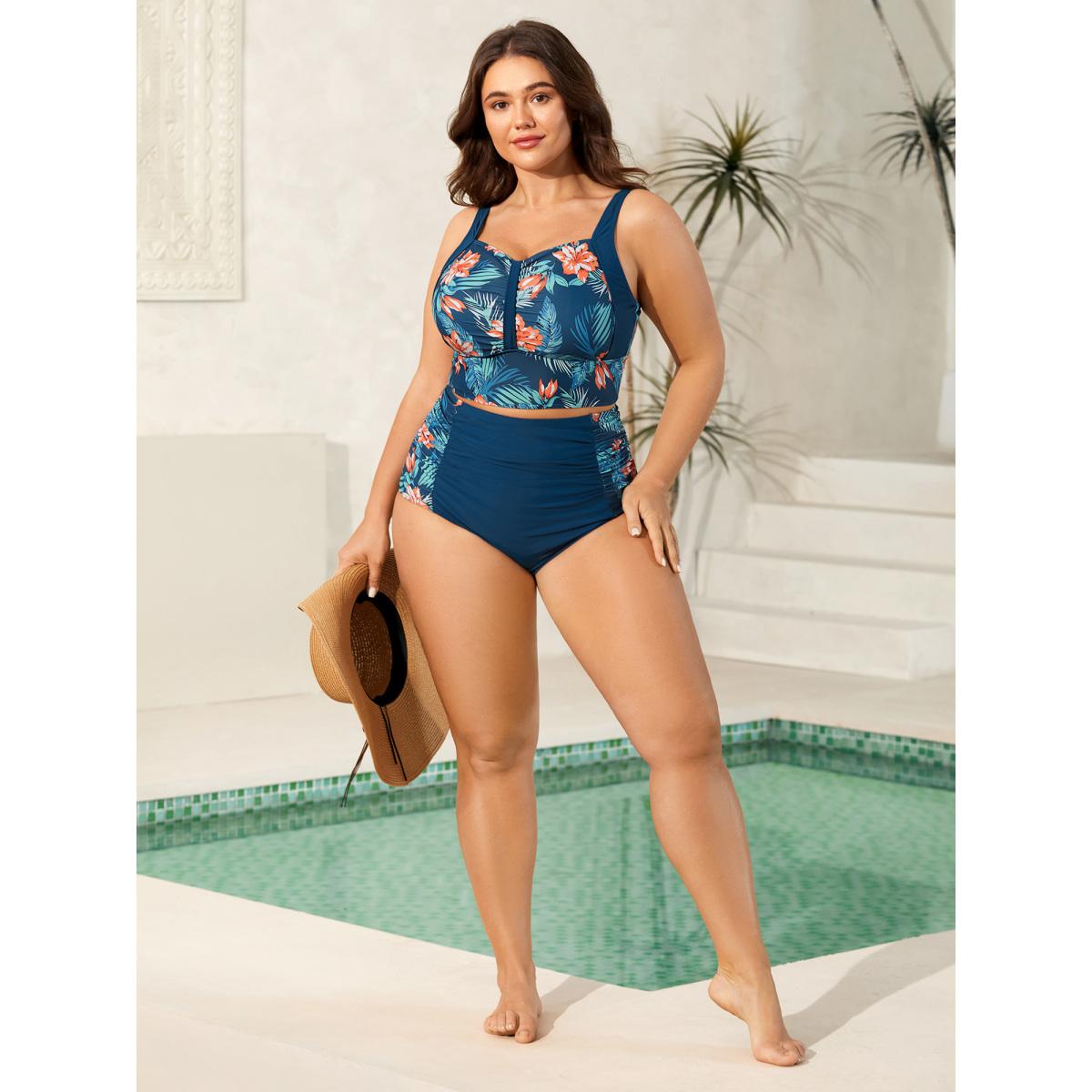 Plus Size Tropical Print Ruched Spliced Swim Top Women's Swimwear Indigo Resort Gathered High stretch Skinny Heart neckline Curve Swim Tops BloomChic 18-20/2X Product Image