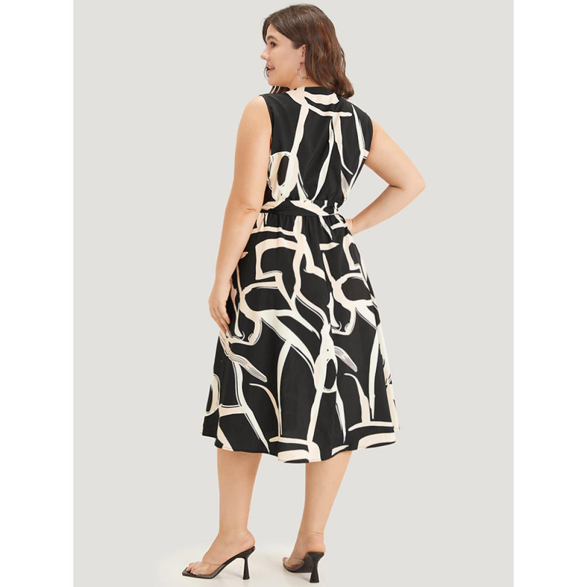 Plus Size Geometric Print Pocket Notched Belted Tank Dress Black Women Office Gathered Notched collar Sleeveless Curvy Midi Dress BloomChic 26/4X Product Image