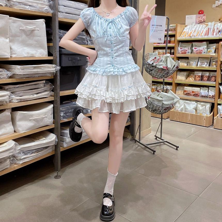 Puff-Sleeve Striped Bow Ruffle Blouse / High Waist Lace Trim Mini A-Line Skirt Product Image