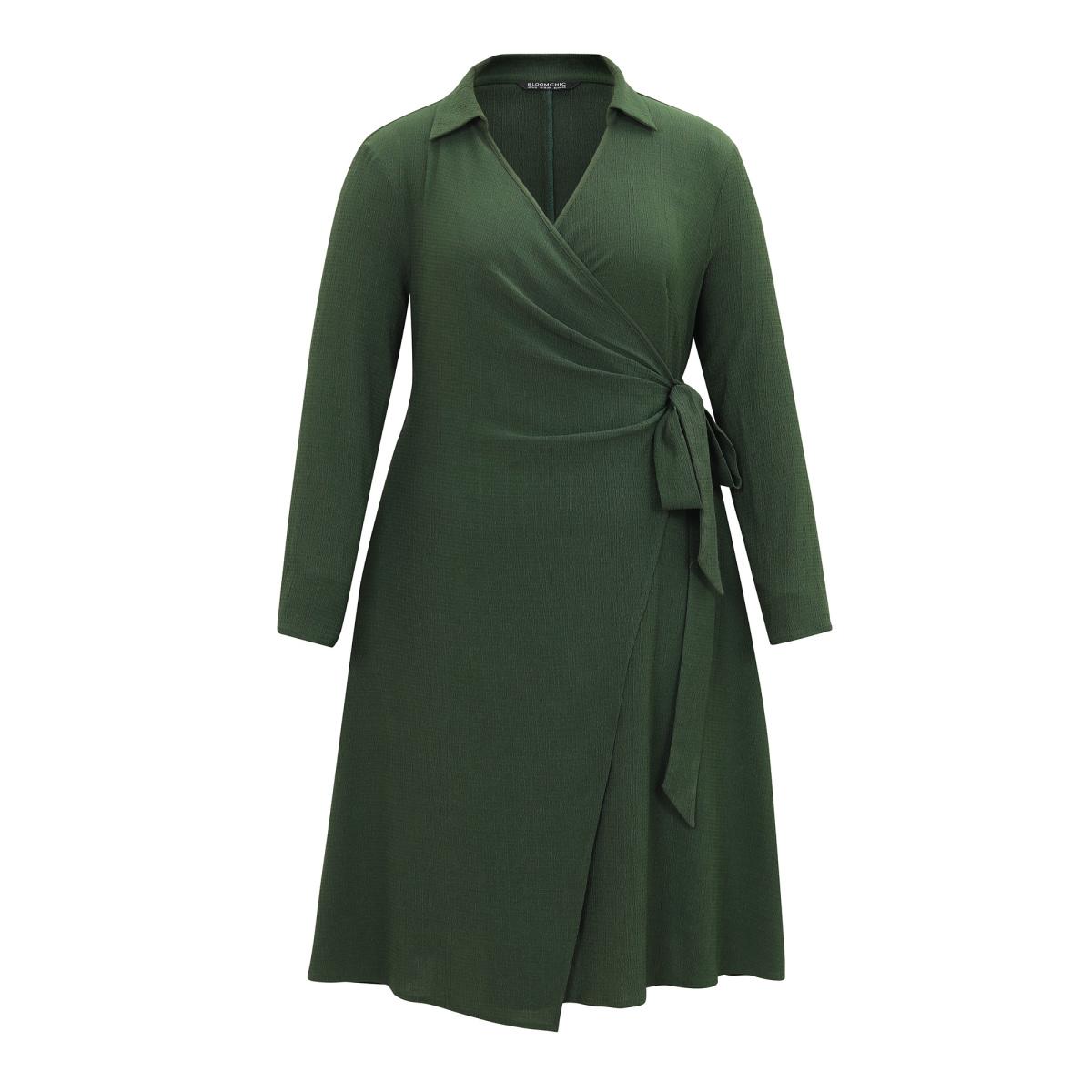 Plus Size Plisse Surplice Neck Bowknot Side Wrap Hem Dress ArmyGreen Women Casual Texture Overlap Collar Long Sleeve Curvy Midi Dress BloomChic 14-16/1X Product Image
