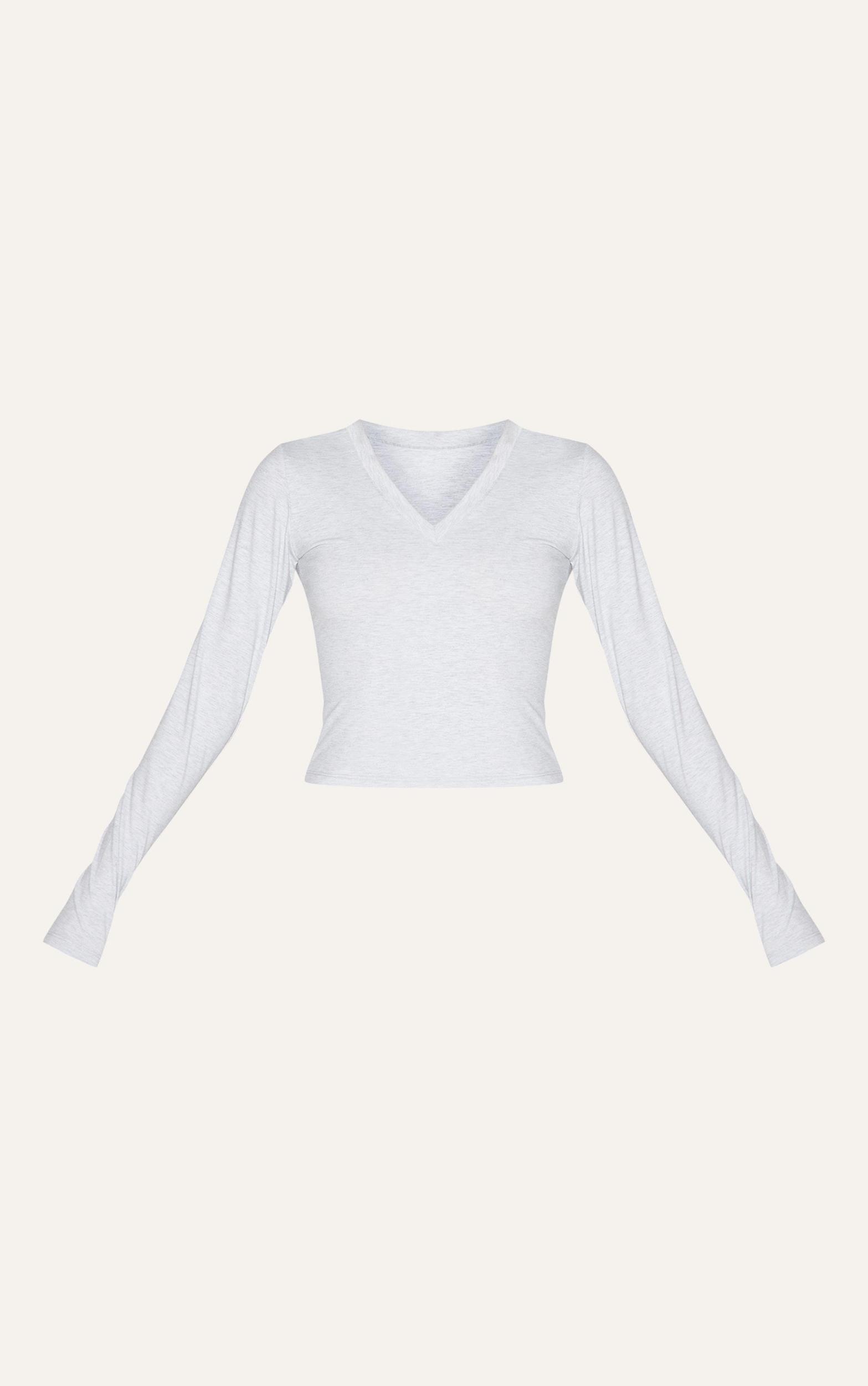 Ash Grey Sculpt V Neck Long Sleeve Top Product Image
