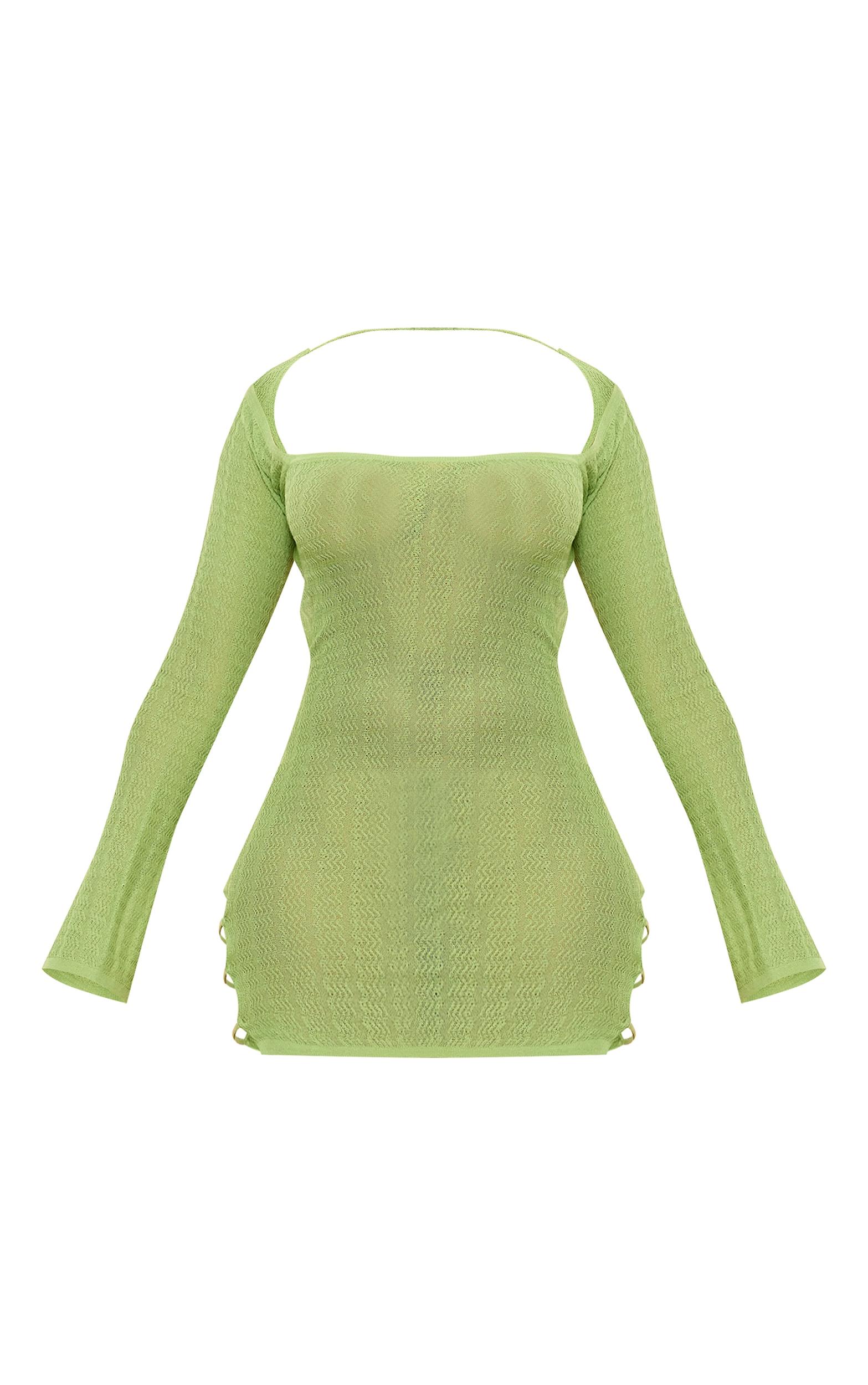 Shape Sage Green Knit Sheer Cut Out Long Sleeve Bodycon Dress Product Image