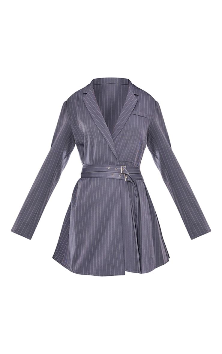 Grey Pinstripe Belted Blazer Dress Product Image