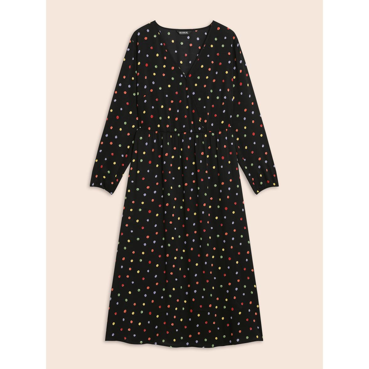 Plus Size Overlap Collar Color Polka Dot Dress Black Women Elegant Gathered Overlap Collar Long Sleeve Curvy BloomChic 18-20/2X Product Image