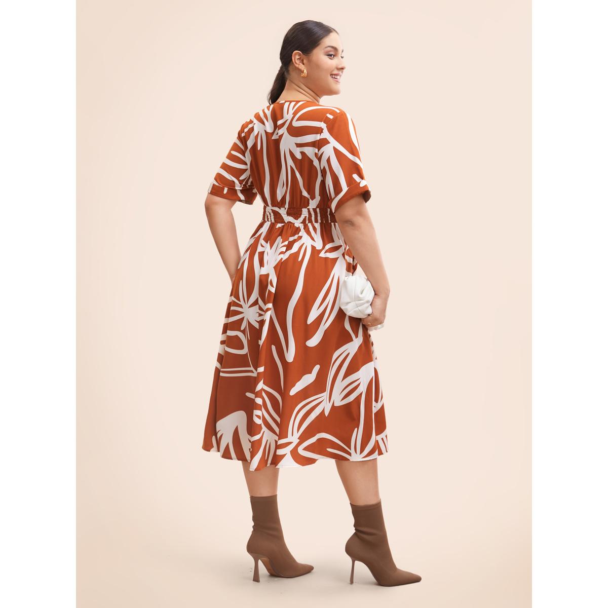 Plus Size Graffiti Overlap Collar Shirred Midi Dress Coral Women At the Office Overlapping Overlap Collar Short sleeve Curvy BloomChic 26/4X Product Image