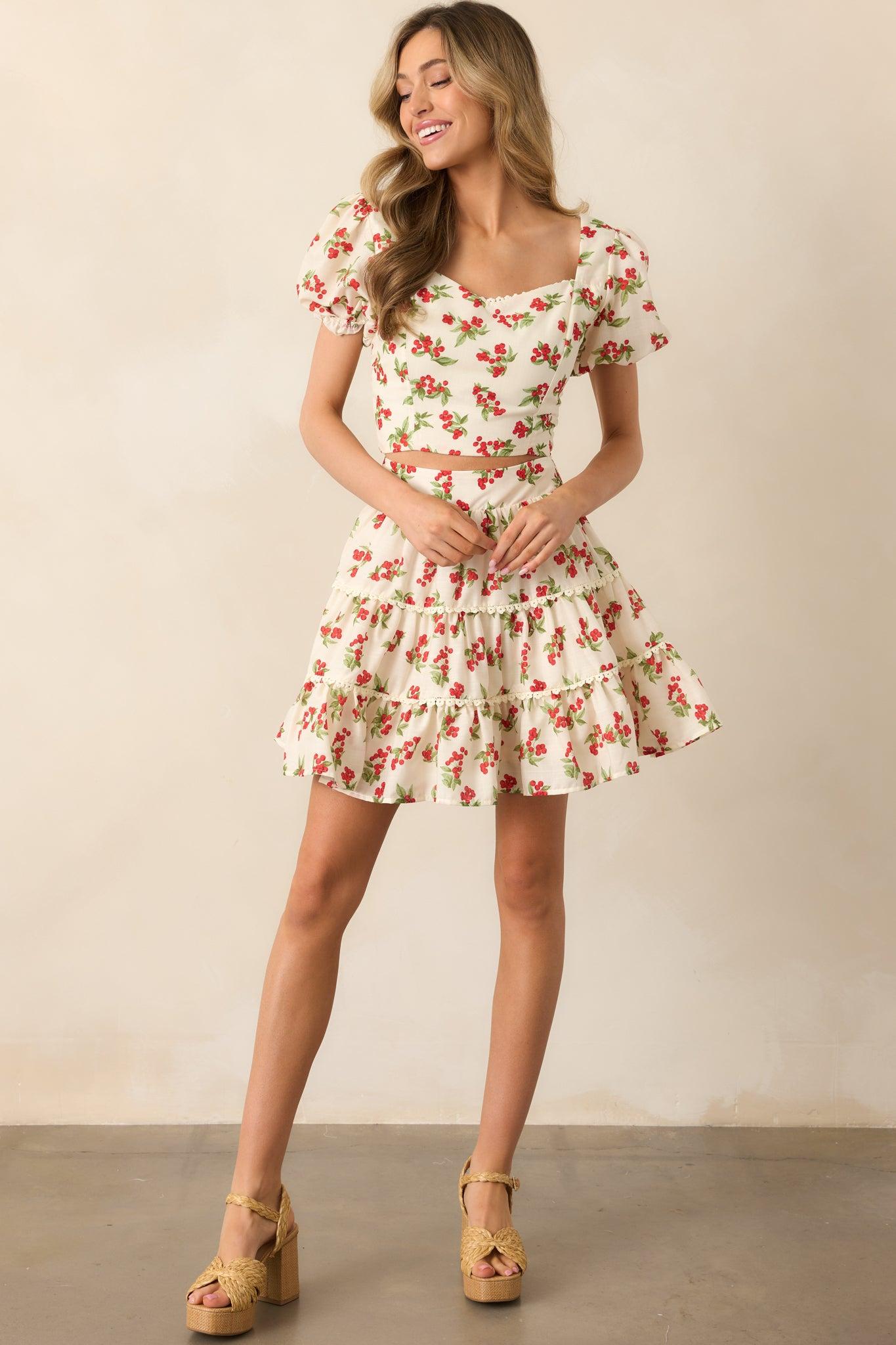 Just Wait And See Ivory Floral Berry Puff Sleeve Crop Top Product Image