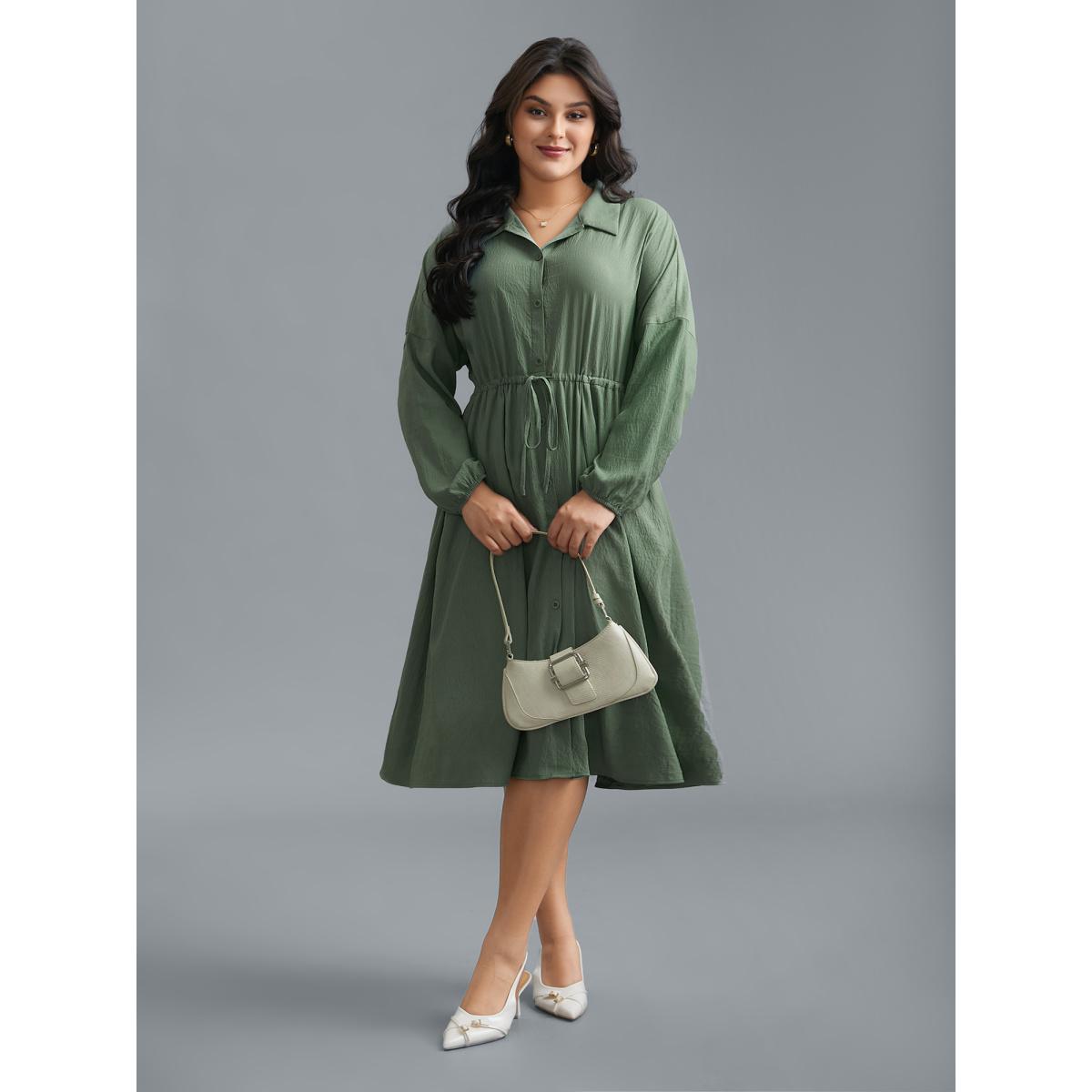 Plus Size Shirt Collar Tie-Waist Drop Dress Moss Women At the Office Tie knot Shirt collar Long Sleeve Curvy BloomChic 10/M Product Image