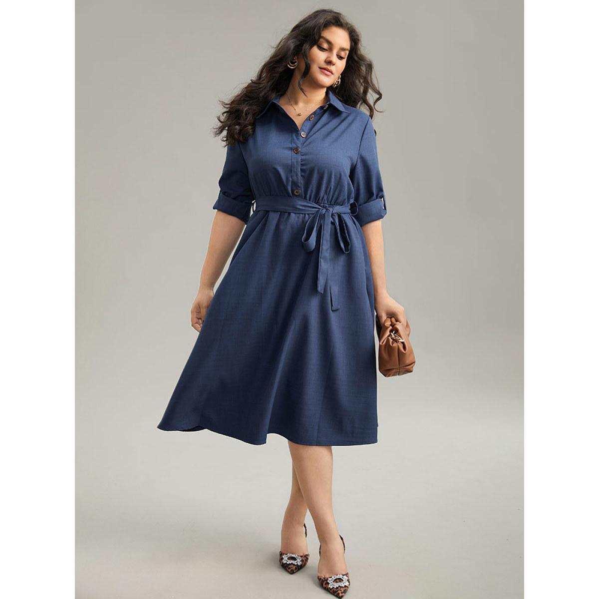 Plus Size Static-Free solid Belted Tab Sleeve Dress Indigo Women Office Plain Shirt collar Long Sleeve Curvy Midi Dress BloomChic 28/5X Product Image