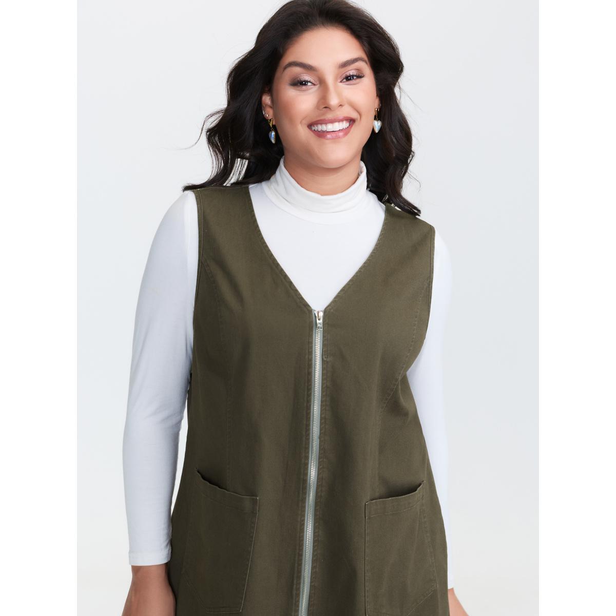 Plus Size Full-Zipper V-Neck Sleeveless Midi Dress ArmyGreen Women Leisure V-neck Sleeveless Curvy BloomChic 28/5X Product Image