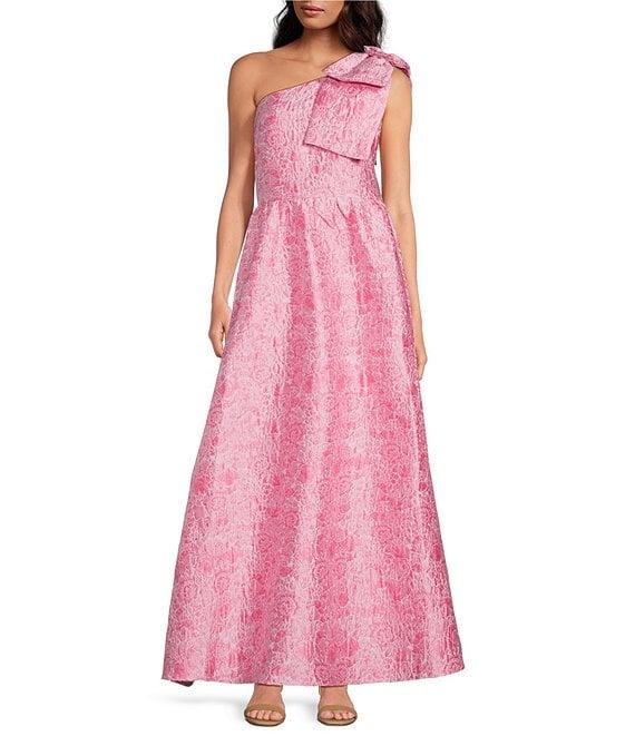 Abbey Glass Caroline Asymmetrical Neck Sleeveless Bow One Shoulder Bow Jacquard Pocketed A-Line Gown Product Image