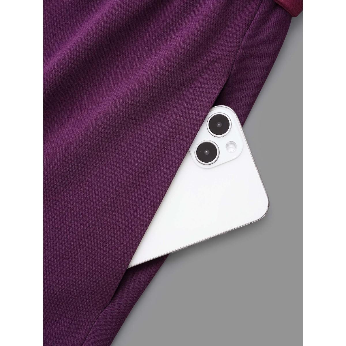 Plus Size Overlap Collar Contrast Belted Midi Dress Deeppurplered Women Elegant Belted Overlap Collar Elbow-length sleeve Curvy BloomChic 18-20/2X Product Image