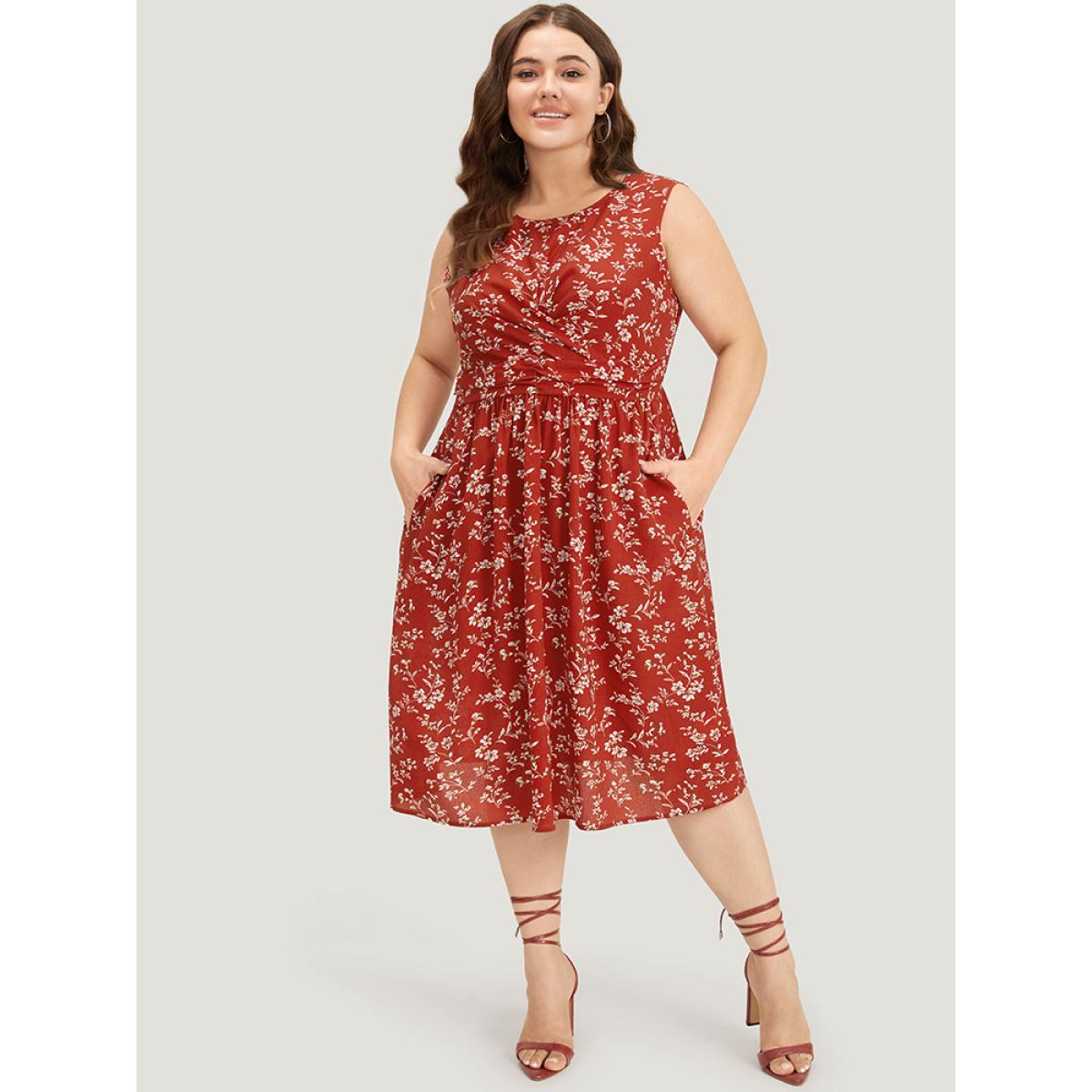 Plus Size Ditsy Floral Crossover Crew Neck Pocket Sleeveless Dress Red Women Elegant Printed Round Neck Sleeveless Curvy Midi Dress BloomChic 14-16/1X Product Image