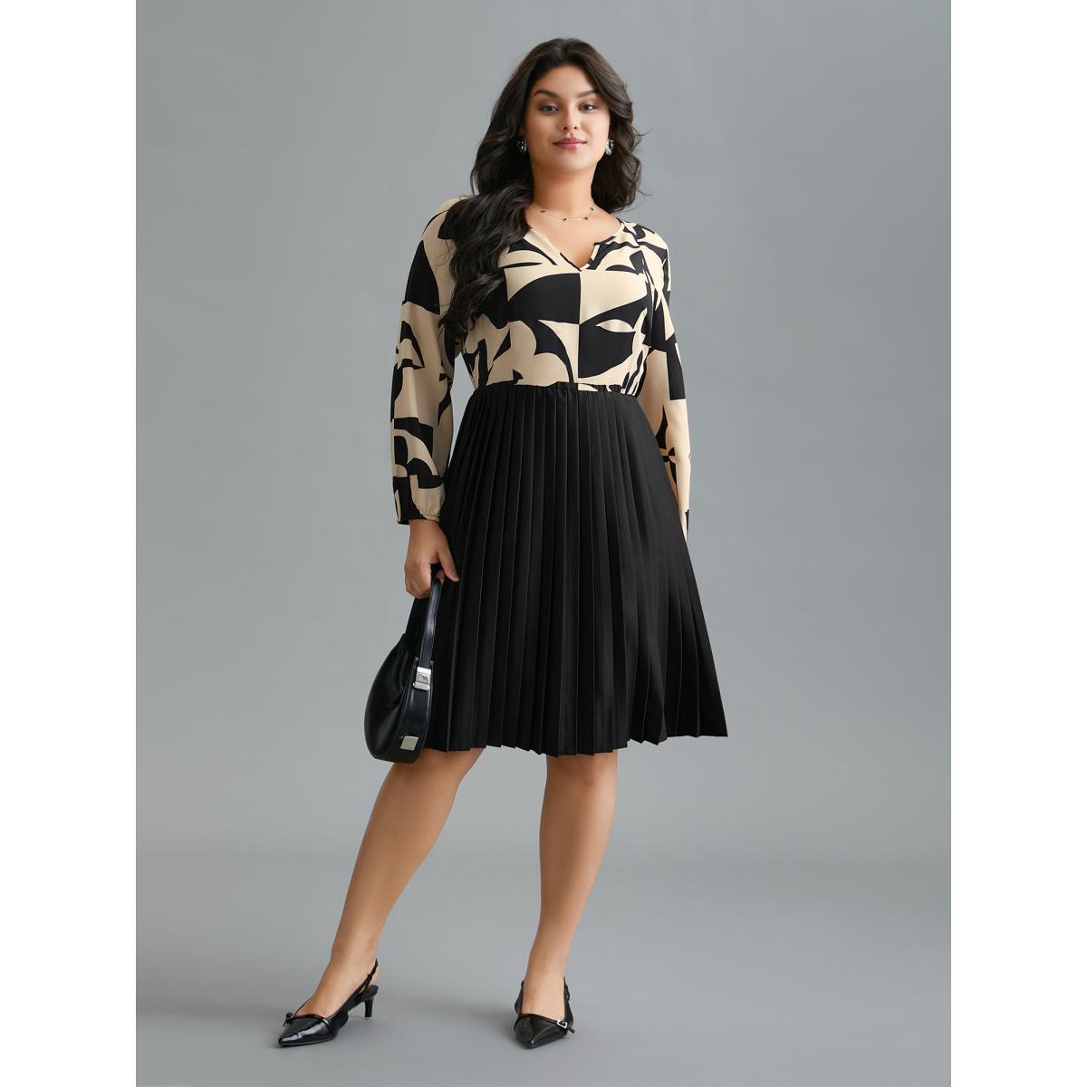 Plus Size Notched Geometric Print Pleated Dress Black Women At the Office Pleated Flat collar with V-notch Long Sleeve Curvy BloomChic 14-16/1X Product Image