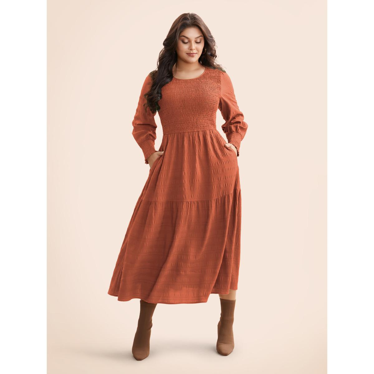 Plus Size Plain Textured Shirred Midi Dress Rust Women Elegant Texture Round Neck Long Sleeve Curvy BloomChic 14-16/1X Product Image