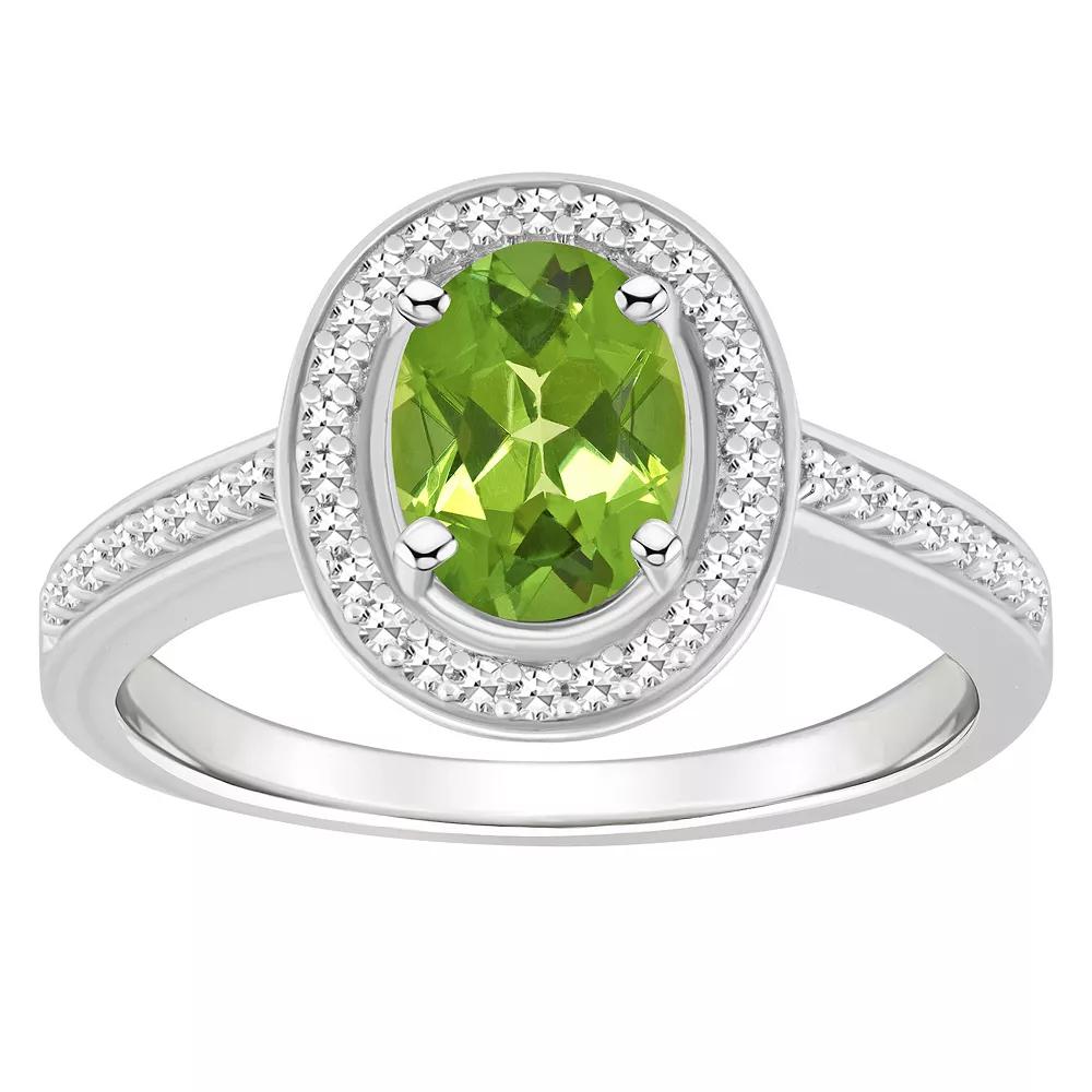 Celebration Gems Sterling Silver 8 mm x 6 mm Oval Gemstone & 1/5 Carat T.W. Diamond Halo Ring, Women's, Peridot Product Image
