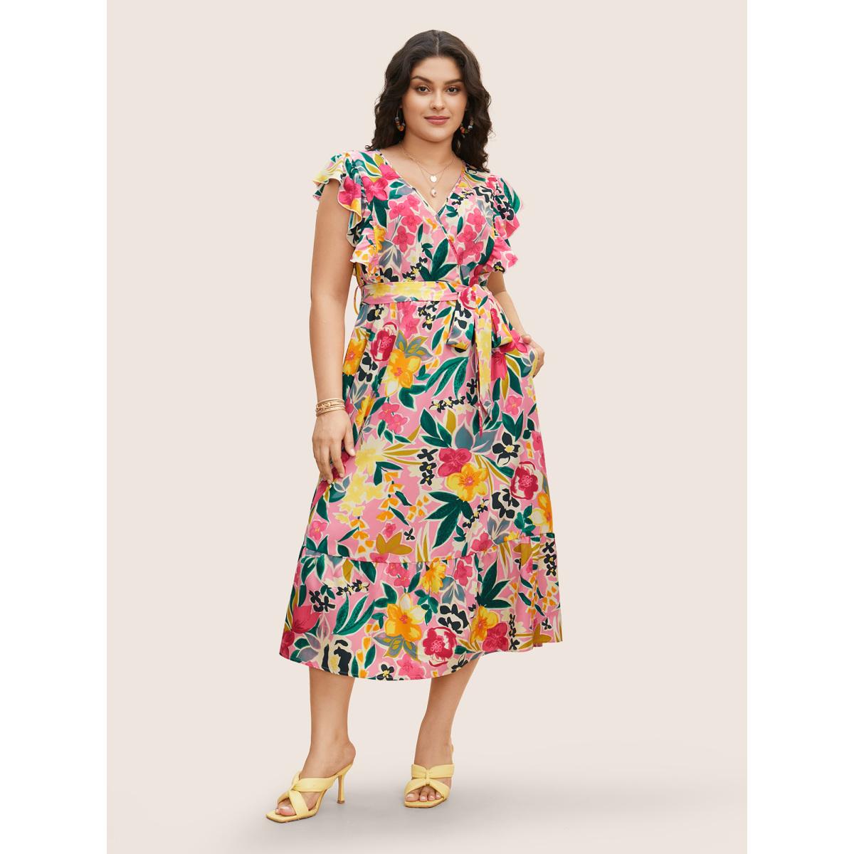 Plus Size Floral Wrap Patchwork Ruffle Cap Sleeve Dress Lightpink Women Resort Belted V-neck Cap Sleeve Curvy BloomChic 10/M Product Image