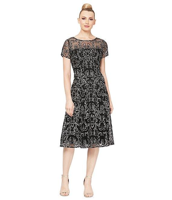 Ignite Evenings Embroidered Soutache Floral Lace Illusion Round Neck Short Sleeve Midi Dress Product Image
