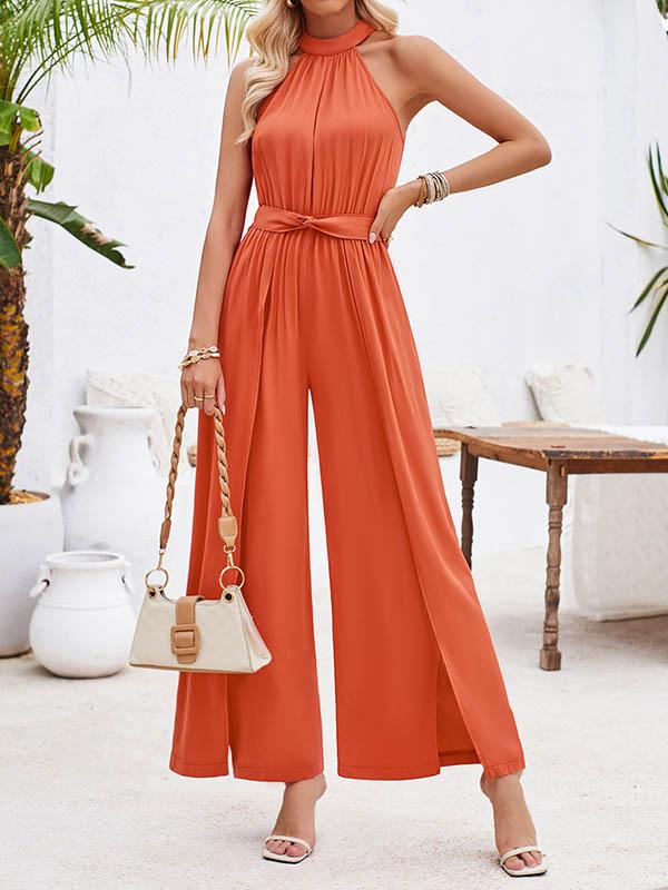 High Waisted Loose Pleated Solid Color Split-Front Tied Waist Halter-Neck Jumpsuits Product Image