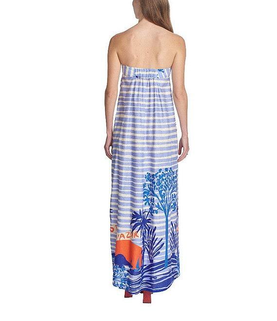 COREY LYNN CALTER Thalia Scenic Print Linen Blend Pintuck Strapless Sleeveless Maxi Dress Product Image